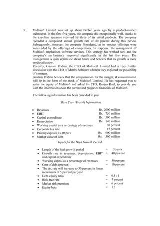 5. Multisoft Limited was set up about twelve years ago by a product-minded
technocrat. In the first five years, the company did exceptionally well, thanks to
the excellent response received by three of its initial products. The company
recorded a compound annual growth rate of 80 percent during this period.
Subsequently, however, the company floundered, as its product offerings were
superceded by the offerings of competitiors. In response, the management of
Multisoft emphasised software services. This strategy has worked well and the
company’s performance improved significantly in the last few years. The
management is quite optimistic about future and believes that its growth is more
predictable now.
Recently, Gautam Prabhu, the CEO of Multisoft Limited had a very fruitful
discussion with the CEO of Matrix Software wherein they explored the possibility
of a merger.
Gautam Prabhu believes that the compensation for the merger, if consummated,
will be in the form of the stock of Multisoft Limited. He has requested you to
value the equity of Multisoft and asked his CFO, Ranjan Kaul, to provide you
with the information about the current and projected financials of Multisoft.
The following information has been provided to you.
Base Year (Year 0) Information
Inputs for the High Growth Period
• Length of the high growth period = 3 years
• Growth rate in revenues, depreciation, EBIT
and capital expenditure
= 40 percent
• Working capital as a percentage of revenues = 30 percent
• Cost of debt (pre-tax) = 10 percent
• The tax rate will increase to 30 percent in linear
increments of 5 percent per year
• Debt-equity ratio = 0.5 : 1
• Risk-free rate = 7 percent
• Market risk premium = 6 percent
• Equity beta = 1.3
• Revenues Rs. 2000 million
• EBIT Rs. 750 million
• Capital expenditure Rs. 500 million
• Depreciation Rs. 140 million
• Working capital as a percentage of revenues 30 percent
• Corporate tax rate 15 percent
• Paid up capital (Rs.10 par) Rs. 600 million
• Market value of debt Rs. 300 million
 