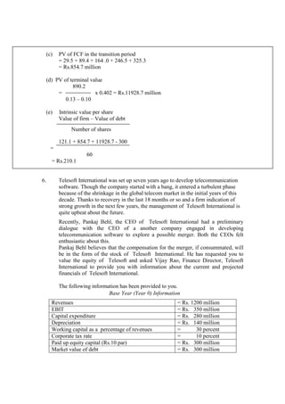 (c) PV of FCF in the transition period
= 29.5 + 89.4 + 164 .0 + 246.5 + 325.3
= Rs.854.7 million
(d) PV of terminal value
890.2
= x 0.402 = Rs.11928.7 million
0.13 – 0.10
(e) Intrinsic value per share
Value of firm – Value of debt
Number of shares
121.1 + 854.7 + 11928.7 - 300
=
60
= Rs.210.1
6. Telesoft International was set up seven years ago to develop telecommunication
software. Though the company started with a bang, it entered a turbulent phase
because of the shrinkage in the global telecom market in the initial years of this
decade. Thanks to recovery in the last 18 months or so and a firm indication of
strong growth in the next few years, the management of Telesoft International is
quite upbeat about the future.
Recently, Pankaj Behl, the CEO of Telesoft International had a preliminary
dialogue with the CEO of a another company engaged in developing
telecommunication software to explore a possible merger. Both the CEOs felt
enthusiastic about this.
Pankaj Behl believes that the compensation for the merger, if consummated, will
be in the form of the stock of Telesoft International. He has requested you to
value the equity of Telesoft and asked Vijay Rao, Finance Director, Telesoft
International to provide you with information about the current and projected
financials of Telesoft International.
The following information has been provided to you.
Base Year (Year 0) Information
Revenues = Rs. 1200 million
EBIT = Rs. 350 million
Capital expenditure = Rs. 280 million
Depreciation = Rs. 140 million
Working capital as a percentage of revenues = 30 percent
Corporate tax rate = 10 percent
Paid up equity capital (Rs.10 par) = Rs. 300 million
Market value of debt = Rs. 300 million
 