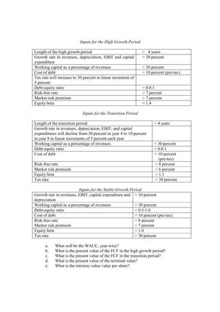 Inputs for the High Growth Period
Length of the high growth period = 4 years
Growth rate in revenues, depreciation, EBIT and capital
expenditure
= 30 percent
Working capital as a percentage of revenues = 30 percent
Cost of debt = 10 percent (pre-tax)
Tax rate will increase to 30 percent in linear increment of
5 percent
Debt-equity ratio = 0.8:1
Risk-free rate = 7 percent
Market risk premium = 7 percent
Equity beta = 1.4
Inputs for the Transition Period
Length of the transition period = 4 years
Growth rate in revenues, depreciation, EBIT, and capital
expenditures will decline from 30 percent in year 4 to 10 percent
in year 8 in linear increments of 5 percent each year
Working capital as a percentage of revenues = 30 percent
Debt-equity ratio = 0.8:1
Cost of debt = 10 percent
(pre-tax)
Risk-free rate = 8 percent
Market risk premium = 6 percent
Equity beta = 1.1
Tax rate = 30 percent
Inputs for the Stable Growth Period
Growth rate in revenues, EBIT, capital expenditure and
depreciation
= 10 percent
Working capital as a percentage of revenues = 30 percent
Debt-equity ratio = 0.5:1.0
Cost of debt = 10 percent (pre-tax)
Risk-free rate
Market risk premium
= 8 percent
= 7 percent
Equity beta = 1.0
Tax rate = 30 percent
a. What will be the WACC, year-wise?
b. What is the present value of the FCF in the high growth period?
c. What is the present value of the FCF in the transition period?
d. What is the present value of the terminal value?
e. What is the intrinsic value value per share?
 