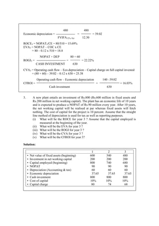 480 480
Economic depreciation = = = 39.02
FVIFA12%, 8yr 12.30
ROCE3 = NOPAT3/CE = 80/510 = 15.69%
EVA3 = NOPAT – COC x CE
= 80 – 0.12 x 510 = 18.8
NOPAT + DEP 80 + 60
ROGI3 = = = 22.22%
CASH INVESTMENT 630
CVA3 = Operating cash flow – Eco.depreciation – Capital charge on full capital invested
= (80 + 60) – 39.02 – 0.12 x 630 = 25.38
Operating cash flow – Economic depreciation 140 –39.02
CFROI = = = 16.03%
Cash investment 630
3. A new plant entails an investment of Rs.800 (Rs.600 million in fixed assets and
Rs.200 million in net working capital). The plant has an economic life of 10 years
and is expected to produce a NOPAT of Rs.90 million every year. After 10 years,
the net working capital will be realised at par whereas fixed assets will fetch
nothing. The cost of capital for the project is 10 percent. Assume that the straight
line method of depreciation is used for tax as well as reporting purposes.
(i) What will be the ROCE for year 3 ? Assume that the capital employed is
measured at the beginning of the year.
(ii) What will be the EVA for year 3 ?
(iii) What will be the ROGI for year 3 ?
(iv) What will be the CVA for year 3 ?
(v) What will be the CFROI for year 3?
Solution:
1 2 3
• Net value of fixed assets (beginning) 600 540 480
• Investment in net working capital 200 200 200
• Capital employed (beginning) 800 740 680
• NOPAT 90 90 90
• Depreciation (Accounting & tax) 60 60 60
• Economic depreciation 37.65 37.65 37.65
• Cash investment 800 800 800
• Cost of capital 10% 10% 10%
• Capital charge 80 74 68
 