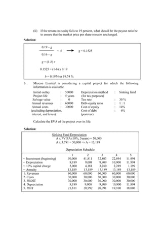 (ii) If the return on equity falls to 19 percent, what should be the payout ratio be
to ensure that the market price per share remains unchanged.
Solution:
6. Miocon Limited is considering a capital project for which the following
information is available.
Initial outlay : 50000 Depreciation method : Sinking fund
Project life : 5 years (for tax purposes)
Salvage value : 0 Tax rate : 30 %
Annual revenues : 60000 Debt-equity ratio : 1 : 1
Annual costs : 30000 Cost of equity : 14%
(excluding depreciation, Cost of debt : 6%
interest, and taxes) (post-tax)
Calculate the EVA of the project over its life.
Solution:
0.19 – g
= 5 g = 0.1525
0.16 – g
g = (1-b) r
0.1525 = (1-b) x 0.19
b = 0.1974 or 19.74 %
Sinking Fund Depreciation
A x PVIFA (10%, 5years) = 50,000
A x 3.791 = 50,000 ⇒ A = 13,189
Depreciation Schedule
1 2 3 4 5
• Investment (beginning) 50,000 41,811 32,803 22,894 11,994
• Depreciation 8,189 9,008 9,909 10,900 11,994
• 10% capital charge 5,000 4,181 3,280 2,289 1,199
• Annuity 13,189 13,189 13,189 13,189 13,189
1. Revenues 60,000 60,000 60,000 60,000 60,000
2. Costs 30,000 30,000 30,000 30,000 30,000
3. PBDIT 30,000 30,000 30,000 30,000 30,000
4. Depreciation 8,189 9,008 9,909 10,900 11,994
5. PBIT 21,811 20,992 20,091 19,100 18,006
 