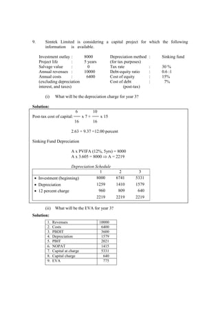 9. Simtek Limited is considering a capital project for which the following
information is available.
Investment outlay : 8000 Depreciation method : Sinking fund
Project life : 5 years (for tax purposes)
Salvage value : 0 Tax rate : 30 %
Annual revenues : 10000 Debt-equity ratio : 0.6 :1
Annual costs : 6400 Cost of equity : 15%
(excluding depreciation Cost of debt : 7%
interest, and taxes) (post-tax)
(i) What will be the depreciation charge for year 3?
Solution:
6 10
Post-tax cost of capital: x 7 + x 15
16 16
2.63 + 9.37 =12.00 percent
Sinking Fund Depreciation
A x PVIFA (12%, 5yrs) = 8000
A x 3.605 = 8000 ⇒ A = 2219
Depreciation Schedule
1 2 3
• Investment (beginning) 8000 6741 5331
• Depreciation 1259 1410 1579
• 12 percent charge 960 809 640
2219 2219 2219
(ii) What will be the EVA for year 3?
Solution:
1. Revenues 10000
2. Costs 6400
3. PBDIT 3600
4. Depreciation 1579
5. PBIT 2021
6. NOPAT 1415
7. Capital at charge 5331
8. Capital charge 640
9. EVA 775
 