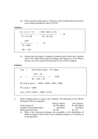 (iv) If the expected synergy gain is 10 percent, what exchange ratio will result in
a post-merger earnings per share of Rs.30 ?
Solution:
(E1 + E2 ) ( 1 + S ) ( 1600 + 600 ) ( 1.10 )
----------------------- = --------------------------- = 30
N1 + N2 x ER 40 + 30 x ER
2420
------------------- = 30
40 + 30ER
ER = 1.355
(v) Assume that the merger is expected to generate gains which have a present
value of Rs. 5000 million and the exchange ratio agreed to is 0.45. What is
the true cost of the merger from the point of view of Jeet Company?
Solution:
Cost = α PV (Jeet & Ajeet) - PV (Ajeet)
0.45 x 30
α = −−−−−−−−−−−− = 0.252
40 + 0.45 x 30
PV ( Jeet & Ajeet ) = 36000 + 10800 + 5000 = 51800
PV ( Ajeet ) = 10800
Cost = 0.252 ( 51800 ) – 10800 = 2253.6
6. Shaan Company plans to acquire Aan Company. The following are the relevant
financials of the two companies.
Shaan Company Aan Company
Total earnings, E Rs.750 million Rs.240 million
Number of outstanding shares 50 million 20 million
Market price per share Rs.250 Rs.150
(i) What is the maximum exchange ratio acceptable to the shareholders of
Shaan Company if the PE ratio of the combined company is 15 and there is
no synergy gain?
 