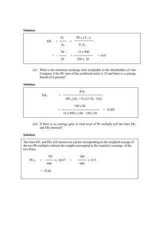 Solution:
- S1 PE12 ( E 12)
ER1 = +
S2 P1 S2
50 15 x 990
= - + = 0.47
20 250 x 20
(ii) What is the minimum exchange ratio acceptable to the shareholders of Aan
Company if the PE ratio of the combined entity is 15 and there is a synergy
benefit of 6 percent?
Solution:
P2S1
ER2 =
(PE12) (E1 + E2) (1+S) – P2S2
150 x 50
= = 0.589
15 x 990 x 1.06 – 150 x 20
(iii) If there is no synergy gain, at what level of PE multiple will the lines ER1
and ER2 intersect?
Solution:
The lines ER1 and ER2 will intersect at a point corresponding to the weighted average of
the two PE multiples wherein the weights correspond to the respective earnings of the
two firms.
750 240
PE12 = x 16.67 + x 12.5
990 990
= 15.66
 