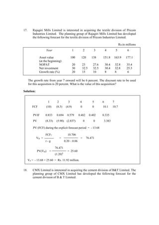 17. Rajagiri Mills Limited is interested in acquiring the textile division of Pricom
Industries Limited. The planning group of Rajagiri Mills Limited has developed
the following forecast for the textile division of Pricom Industries Limited.
Rs.in millions
The growth rate from year 7 onward will be 6 percent. The discount rate to be used
for this acquisition is 20 percent. What is the value of this acquisition?
Solution:
18. CMX Limited is interested in acquiring the cement division of B&T Limited. The
planning group of CMX Limited has developed the following forecast for the
cement division of B & T Limited.
1 2 3 4 5 6 7
FCF (10) (8.5) (4.9) 0 0 10.1 10.7
PVIF 0.833 0.694 0.579 0.482 0.402 0.335
PV (8.33) (5.90) (2.837) 0 0 3.383
PV (FCF) during the explicit forecast period = - 13.68
FCF7 10.706
VH = = = 76.471
r - g 0.20 – 0.06
76.471
PV(VH) = = 25.60
(1.20)6
V0 = - 13.68 + 25.60 = Rs. 11.92 million.
Year 1 2 3 4 5 6
Asset value 100 120 138 151.8 163.9 177.1
(at the beginning)
NOPAT 20 23 27.6 30.4 32.8 35.4
Net investment 30 32.5 32.5 30.4 32.8 25.3
Growth rate (%) 20 15 10 8 8 6
 