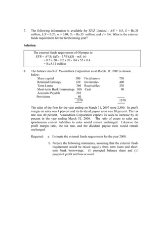 7. The following information is available for XYZ Limited : A/S = 0.5, S = Rs.35
million, L/S = 0.20, m = 0.04, S1 = Rs.55 million, and d = 0.6. What is the external
funds requirement for the forthcoming year?
Solution:
The external funds requirement of Olympus is:
EFR = A*/S0 (∆S) – L*/S (∆S) – mS1 (r)
= 0.5 x 20 – 0.2 x 20 - .04 x 55 x 0.4
= Rs.5.12 million
8. The balance sheet of Vasundhara Corporation as at March 31, 2007 is shown
below:
Share capital 500 Fixed assets 750
Retained Earnings 120 Inventories 400
Term Loans 360 Receivables 330
Short-term Bank Borrowings 300 Cash 90
Accounts Payable 210
Provisions 80
1570 1570
The sales of the firm for the year ending on March 31, 2007 were 2,800. Its profit
margin on sales was 8 percent and its dividend payout ratio was 30 percent. The tax
rate was 40 percent. Vasundhara Corporation expects its sales to increase by 40
percent in the year ending March 31, 2008. The ratio of assets to sales and
spontaneous current liabilities to sales would remain unchanged. Likewise the
profit margin ratio, the tax rate, and the dividend payout ratio would remain
unchanged.
Required: a. Estimate the external funds requirement for the year 2008.
b. Prepare the following statements, assuming that the external funds
requirement would be raised equally from term loans and short-
term bank borrowings: (i) projected balance sheet and (ii)
projected profit and loss account.
 