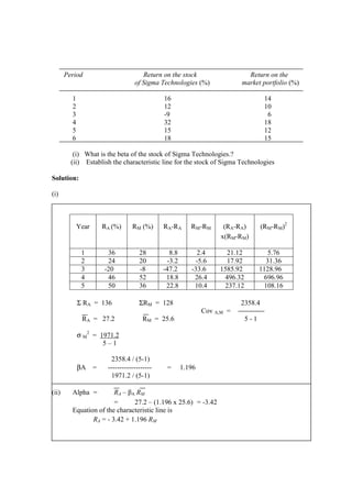 Period Return on the stock Return on the
of Sigma Technologies (%) market portfolio (%)
1 16 14
2 12 10
3 -9 6
4 32 18
5 15 12
6 18 15
(i) What is the beta of the stock of Sigma Technologies.?
(ii) Establish the characteristic line for the stock of Sigma Technologies
Solution:
(i)
(ii) Alpha = RA – βA RM
= 27.2 – (1.196 x 25.6) = -3.42
Equation of the characteristic line is
RA = - 3.42 + 1.196 RM
Year RA (%) RM (%) RA-RA RM-RM (RA-RA)
x(RM-RM)
(RM-RM)2
1 36 28 8.8 2.4 21.12 5.76
2 24 20 -3.2 -5.6 17.92 31.36
3 -20 -8 -47.2 -33.6 1585.92 1128.96
4 46 52 18.8 26.4 496.32 696.96
5 50 36 22.8 10.4 237.12 108.16
Σ RA = 136 ΣRM = 128 2358.4
Cov A,M =
RA = 27.2 RM = 25.6 5 - 1
σ M
2
= 1971.2
5 – 1
2358.4 / (5-1)
βA = ------------------- = 1.196
1971.2 / (5-1)
 