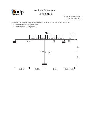 Análisis Estructural 1 
Ejercicio 8 
Profesor: Felipe Leyton 
2do Semestre de 2010 
Para la estructuras mostrada en la figura determine todas las reacciones mediante: 
• El método de la carga unitaria. 
• El teorema de Castigliano. 
2P/L 
2 P 
2 EI EI 3 EI 
P 
3/2 L 3/2 L 2 L L/2 L/2 
L 
L 
2 EI 
