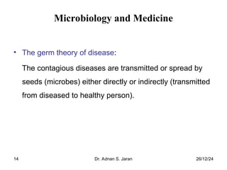 26/12/24
Dr. Adnan S. Jaran
14
Microbiology and Medicine
• The germ theory of disease:
The contagious diseases are transmitted or spread by
seeds (microbes) either directly or indirectly (transmitted
from diseased to healthy person).
 