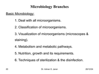 26/12/24
Dr. Adnan S. Jaran
20
Microbiology Branches
Basic Microbiology:
1. Deal with all microorganisms.
2. Classification of microorganisms.
3. Visualization of microorganisms (microscopes &
staining).
4. Metabolism and metabolic pathways.
5. Nutrition, growth and its requirements.
6. Techniques of sterilization & the disinfection.
 