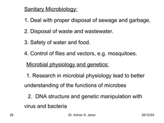 26/12/24
Dr. Adnan S. Jaran
28
Sanitary Microbiology:
1. Deal with proper disposal of sewage and garbage.
2. Disposal of waste and wastewater.
3. Safety of water and food.
4. Control of flies and vectors, e.g. mosquitoes.
Microbial physiology and genetics:
1. Research in microbial physiology lead to better
understanding of the functions of microbes
2. DNA structure and genetic manipulation with
virus and bacteria
 