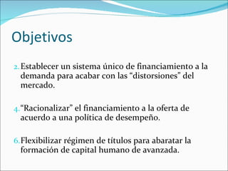 Objetivos Establecer un sistema único de financiamiento a la demanda para acabar con las “distorsiones” del mercado. “ Racionalizar” el financiamiento a la oferta de acuerdo a una política de desempeño. Flexibilizar régimen de títulos para abaratar la formación de capital humano de avanzada. 