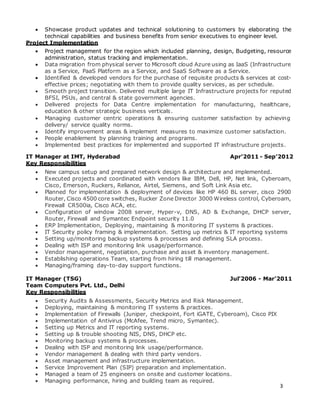 3
 Showcase product updates and technical solutioning to customers by elaborating the
technical capabilities and business benefits from senior executives to engineer level.
Project Implementation
 Project management for the region which included planning, design, Budgeting, resource
administration, status tracking and implementation.
 Data migration from physical server to Microsoft cloud Azure using as IaaS (Infrastructure
as a Service, PaaS Platform as a Service, and SaaS Software as a Service.
 Identified & developed vendors for the purchase of requisite products & services at cost-
effective prices; negotiating with them to provide quality services, as per schedule.
 Smooth project transition. Delivered multiple large IT Infrastructure projects for reputed
BFSI, PSUs, and central & state government agencies.
 Delivered projects for Data Centre implementation for manufacturing, healthcare,
education & other strategic business verticals.
 Managing customer centric operations & ensuring customer satisfaction by achieving
delivery/ service quality norms.
 Identify improvement areas & implement measures to maximize customer satisfaction.
 People enablement by planning training and programs.
 Implemented best practices for implemented and supported IT infrastructure projects.
IT Manager at IMT, Hyderabad Apr’2011 - Sep’2012
Key Responsibilities
 New campus setup and prepared network design & architecture and implemented.
 Executed projects and coordinated with vendors like IBM, Dell, HP, Net link, Cyberoam,
Cisco, Emerson, Ruckers, Reliance, Airtel, Siemens, and Soft Link Asia etc.
 Planned for implementation & deployment of devices like HP 460 BL server, cisco 2900
Router, Cisco 4500 core switches, Rucker Zone Director 3000 Wireless control, Cyberoam,
Firewall CR500ia, Cisco ACA, etc.
 Configuration of window 2008 server, Hyper-v, DNS, AD & Exchange, DHCP server,
Router, Firewall and Symantec Endpoint security 11.0
 ERP Implementation, Deploying, maintaining & monitoring IT systems & practices.
 IT Security policy framing & implementation. Setting up metrics & IT reporting systems
 Setting up/monitoring backup systems & processes and defining SLA process.
 Dealing with ISP and monitoring link usage/performance.
 Vendor management, negotiation, purchase and asset & inventory management.
 Establishing operations Team, starting from hiring till management.
 Managing/framing day-to-day support functions.
IT Manager (TSG) Jul’2006 - Mar’2011
Team Computers Pvt. Ltd., Delhi
Key Responsibilities
 Security Audits & Assessments, Security Metrics and Risk Management.
 Deploying, maintaining & monitoring IT systems & practices.
 Implementation of Firewalls (Juniper, checkpoint, Fort iGATE, Cyberoam), Cisco PIX
 Implementation of Antivirus (McAfee, Trend micro, Symantec).
 Setting up Metrics and IT reporting systems.
 Setting up & trouble shooting NIS, DNS, DHCP etc.
 Monitoring backup systems & processes.
 Dealing with ISP and monitoring link usage/performance.
 Vendor management & dealing with third party vendors.
 Asset management and infrastructure implementation.
 Service Improvement Plan (SIP) preparation and implementation.
 Managed a team of 25 engineers on onsite and customer locations.
 Managing performance, hiring and building team as required.
 