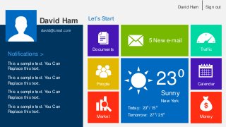 David Ham
david@cmail.com
Notifications >
Let’s Start
23⁰
Sunny
New York
Today: 23⁰/ 15⁰
5 New e-mail
Tomorrow: 27⁰/ 25⁰
Documents
People
Market
Traffic
Calendar
Money
This a sample text. You Can
Replace this text.
This a sample text. You Can
Replace this text.
Sign outDavid Ham
This a sample text. You Can
Replace this text.
This a sample text. You Can
Replace this text.
 
