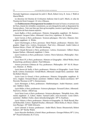 53	

la fausse éducation nationale

Normale Supérieure comprenait les juifs E. Bloch, Robert Lévy, R. Aron, J. Wahl et
Marcel Bloch.
Le directeur de l’Institut de Civilisation Indienne était le juif J. Bloch, et celui de
l’Institut de Droit Comparé : H. Lévy-Ullmann.
Les Établissements d’Enseignement Secondaire de toute la France, et surtout ceux
de Paris, étaient de véritables consistoires, au sein desquels les juifs se disputaient les
bonnes places.. Voici une liste qui, bien qu’incomplète, montre à quel degré les principaux lycées de Paris étaient enjuivés :
Lycée Buffon, à Paris, professeurs : Histoire, Géographie, suppléant : M. Kantzer ;
Grammaire : Jacques Cahen ; Allemand : Léon Lévy ; répétiteur : R. Dreyfus.
Lycée Carnot, à Paris, professeurs : Sciences physiques : Elie Lévy ; Histoire, Géographie, suppléant : A. Weiler.
Lycée Charlemagne, à Paris, proviseur : René Polack ; professeurs : Histoire, Géographie : Roger Lévy ; Lettres, Grammaire : Paul Lévy ; Allemand : André Cahen et
Gustave Meyer ; Chant : Mlle Marcelle Steinberg.
Lycée Claude-Bernard, à Paris, professeurs : Lettres, Grammaire : Gilbert Mayer,
Jacques Nathan ; Allemand, suppléant : J. Stein.
Lycée Condorcet, à Paris, professeurs : Lettres : Pierre Salomon ; Philosophie : Henry Dreyfus.
Lycée Henri IV, à Paris, professeurs : Histoire et Géographie : Alfred Weiler, Henri
Brunschwig ; professeur adjoint : Paul Fellmann.
Annexe provisoire Château de Viry, professeurs : Philosophie : Mme M.-H. Meyerson ; Histoire : A. Weiler.
Lycée Janson de Sailly, à Paris, professeurs : Histoire et Géographie : Louis Victor
Jacob ; Lettres, Grammaire : Gérald Bloch ; Allemand : Joseph Stein ; aumônier : Rabbin Robert Meyers.
Lycées Louis Le Grand, à Paris, professeurs : Histoire, Géographie, suppléant : R.
Lévy ; Anglais : Fernand Mossé ; aumônier : Rabbin J. Kahn ; dames secrétaires : Mme
Pierrette Wurmser et Mlle J. Zimmermann.
Lycée Montaigne, à Paris, professeurs : Mathématiques : André Huisman ; aumônier : Rabbin J. Kahn.
Lycée Rollin, à Paris, professeurs : Sciences physiques : Fernand Cohen ; Allemand :
Paul Lévy ; Dessin : Alfred Lop.
Lycée Saint-Louis, à Paris, professeurs : Sciences physiques : Théophile Aron ; Allemand, suppléant : A. Cahen ; Italien : Samuel Lattès ; sous-économe : Louis Libert ;
aumônier : Rabbin J. Kahn ; dame sténodactylographe : Mlle G. Kaufman.
Lycée Voltaire, à Paris, professeurs : Histoire et Géographie : Et. Weill-Raynal, Marcel Rothschild ; Lettres : Raphaël Dreyfus ; Allemand : Albert Kohn, G. Meyer ; Éducation Physique : Mlle Edith Schwartz.
Lycée Lakanal, à Sceaux, professeurs : André Bloch, Simon Abramovitch, Robert
Schnerr ; Mme Berthe Walch.
Lycée Marcelin-Berlhelot, à Sainlt-Maur, professeurs : Georges Politzer, Mlle J. Lévy,
me
M Picard-Schmitter, M.-P. Lévy.

 