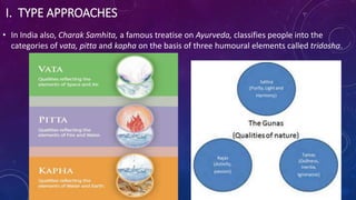 I. TYPE APPROACHES
• In India also, Charak Samhita, a famous treatise on Ayurveda, classifies people into the
categories of vata, pitta and kapha on the basis of three humoural elements called tridosha.
 