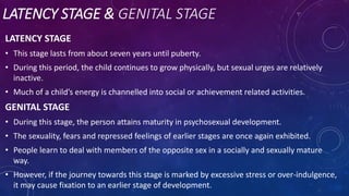 LATENCY STAGE & GENITAL STAGE
LATENCY STAGE
• This stage lasts from about seven years until puberty.
• During this period, the child continues to grow physically, but sexual urges are relatively
inactive.
• Much of a child’s energy is channelled into social or achievement related activities.
GENITAL STAGE
• During this stage, the person attains maturity in psychosexual development.
• The sexuality, fears and repressed feelings of earlier stages are once again exhibited.
• People learn to deal with members of the opposite sex in a socially and sexually mature
way.
• However, if the journey towards this stage is marked by excessive stress or over-indulgence,
it may cause fixation to an earlier stage of development.
 