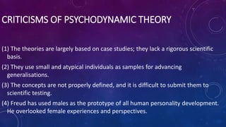 CRITICISMS OF PSYCHODYNAMIC THEORY
(1) The theories are largely based on case studies; they lack a rigorous scientific
basis.
(2) They use small and atypical individuals as samples for advancing
generalisations.
(3) The concepts are not properly defined, and it is difficult to submit them to
scientific testing.
(4) Freud has used males as the prototype of all human personality development.
He overlooked female experiences and perspectives.
 