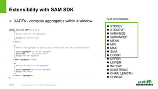 Page26 © Hortonworks Inc. 2011 – 2016. All Rights Reserved
Extensibility with SAM SDK
 UADFs - compute aggregates within a window
Built in functions
 STDDEV
 STDDEVP
 VARIANCE
 VARIANCEP
 MEAN
 MIN
 MAX
 SUM
 COUNT
 UPPER
 LOWER
 INITCAP
 SUBSTRING
 CHAR_LENGTH
 CONCAT
 