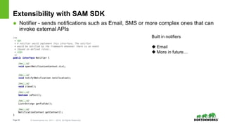Page28 © Hortonworks Inc. 2011 – 2016. All Rights Reserved
Extensibility with SAM SDK
 Notifier - sends notifications such as Email, SMS or more complex ones that can
invoke external APIs
Built in notifiers
 Email
 More in future…
 