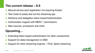 Page29 © Hortonworks Inc. 2011 – 2016. All Rights Reserved
The current release – 0.5
 Manual service pool registration not requiring Ambari
 Test mode to easily test out the streaming app
 Kerberos and delegation token based Authentication
 Authorization support with RBAC + permissions
 New sources, processors and sinks
Upcoming…
 Extending token based authentication for other components
 Support for state management in SAM
 Support for other streaming engines – Flink, Spark streaming
 