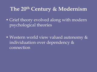 Core BeliefsIntensity of the grief is an indicator of the strength of the bond with the deceasedTo dissolve the bond would render the relationship insignificant