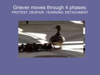 Freud’s LegacyThe primary goal of grieving is seen as the cutting of the bond with the person who died so that new attachments can be formed.