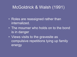 John Bowlby - 1969Attachment Theory of Grief Purpose of grief: to sever the bond with the deceasedViewed grief as a type of separation anxietyAttempts to be reunited with the deceased seen as nonfunctionalThe yearning and searching behavior is extinguished gradually over time
