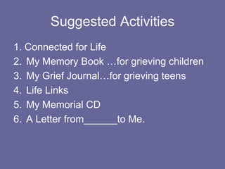 REACHING OUT	“Where do you go to feel close to your parent who died?”“Have you been back to the cemetery or scattering site”“When do you talk to your parent?” “What would your parent say about that__- if they were alive? “Can you still hear your parent’s voice and what do they say to you?”  