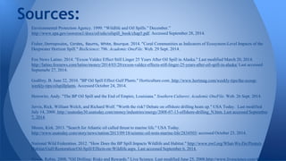 Environmental Protection Agency. 1999. “Wildlife and Oil Spills.” December.”
http://www.epa.gov/osweroe1/docs/oil/edu/oilspill_book/chap5.pdf. Accessed September 28, 2014.
Fisher, Demopoulos, Cordes, Baums, White, Bourque. 2014. "Coral Communities as Indicators of Ecosystem-Level Impacts of the
Deepwater Horizon Spill." BioScience: 796. Academic OneFile. Web. 29 Sept. 2014.
Fox News Latino. 2014. "Exxon Valdez Effect Still Linger 25 Years After Oil Spill in Alaska." Last modified March 20, 2014.
http://latino.foxnews.com/latino/money/2014/03/20/exxon-valdez-effects-still-linger-25-years-after-oil-spill-in-alaska/ Last accessed
Septemebr 27, 2014.
Godfrey, B. June 22, 2010. "BP Oil Spill Effect Gulf Plants." Horticulture.com. http://www.hortmag.com/weekly-tips/the-scoop-
weekly-tips/oilspillplants. Accessed October 24, 2014.
Horowitz, Andy. "The BP Oil Spill and the End of Empire, Louisiana." Southern Cultures: Academic OneFile. Web. 26 Sept. 2014.
Jervis, Rick, William Welch, and Richard Wolf. "Worth the risk? Debate on offshore drilling heats up." USA Today. Last modified
July 14, 2008. http://usatoday30.usatoday.com/money/industries/energy/2008-07-13-offshore-drilling_N.htm. Last accessed September
7, 2014.
Moore, Kirk. 2013. "Search for Atlantic oil called threat to marine life." USA Today.
http://www.usatoday.com/story/news/nation/2013/09/18/seismic-oil-tests-marine-life/2834503/ accessed October 23, 2014.
National Wild Federation. 2012. “How Does the BP Spill Impacts Wildlife and Habitat." http://www.nwf.org/What-We-Do/Protect-
Habitat/Gulf-Restoration/Oil-Spill/Effects-on-Wildlife.aspx. Last accessed September 6, 2014.
Nixon, Robin. 2008. "Oil Drilling: Risks and Rewards." Live Science. Last modified June 25, 2008.http://www.livescience.com/4979-
Sources:
 