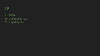A9.
X: TRON
Y: Disc/Disk/CD
Z: LightCycle
 