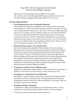 Eng 404: The Development of the Novel
And its Post-Modern Echoes
2
Wide Sargasso Sea by Jean Rhys (Norton: ISBN 9780393352566)
Mrs. Dalloway by V. Woolf (Houghton Mifflin Harcourt; ISBN 9780156030359)
The Hours Michael Cunningham (Macmillan; ISBN 978-0312243029)
Course Expectations
• Class Preparation and Active Participation (50 points)
My philosophy of teaching is that students are active agents of their own learning
rather than passive vessels to be filled by listening to me lecture. Therefore, this is an
active learning, discussion-based course. The success of this class is highly dependent
upon each of you pulling your own weight by sharing your ideas and interpretations
as well as your questions and difficulties during class discussions. The minimum
expectations are that you will have completed the reading before class, attend class,
and enthusiastically engage in discussions and class activities. You will be expected
to do your own thinking while also respectfully considering other’s ideas and values
(see “UI Classroom Learning Civility Clause” below).
• Discussion Starters (approx. 10 @ 10 points each)
One way that students are responsible for their learning in this class is through
discussion starters, which are informal reading responses of at least 250 words that
develop one or more discussion-oriented questions that the writer thinks the class
should consider. The goal of this informal writing is to provide an opportunity to
practice thinking clearly and specifically about literary texts and to prepare questions
and/or potential interpretations to spark class discussion. Each student will be
responsible for one discussion starter per week (you will be assigned to Monday,
Wednesday or Friday) and may be called on randomly during the semester to share.
Discussions must be posted to Bblearn by 9:00am.
• 2 Interpretive/Analytical Essays (100 points each)
Standard 5 to 6 page literary analysis papers, one for each of the first two sections: 1)
Robinson Crusoe and/or Foe, and 2) Jane Eyre and/or Wide Sargasso Sea.
• Presentation on a Strand of the Novel (100 points)
Individually or in pairs, students will present on a strand of the development of the
novel that we will not be covering in class. These presentations will be scattered
throughout the semester as they fit in with the chronology of our reading. Topics are
provided in a sign-up wiki in Bblearn.
• Final Research Paper (100 points)
A standard 8 to 10 page research paper on any text(s) from the course. You may
develop one of your analysis essays to include research or write a new paper.
• No late work will be accepted unless previously approved.
 