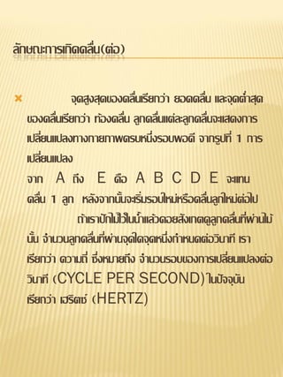 ลักษณะการเกิดคลื่น(ต่อ)

              จุดสูงสุดของคลื่นเรียกว่า ยอดคลื่น และจุดต่าสุด
    ของคลื่นเรียกว่า ท้องคลื่น ลูกคลื่นแต่ละลูกคลื่นจะแสดงการ
    เปลี่ยนแปลงทางกายภาพครบหนึ่งรอบพอดี จากรูปที่ 1 การ
    เปลี่ยนแปลง
    จาก A ถึง E คือ A B C D E จะแทน
    คลื่น 1 ลูก หลังจากนั้นจะเริ่มรอบใหม่หรือคลื่นลูกใหม่ต่อไป
                  ถ้าเราปักไม้ไว้ในน้าแล้วคอยสังเกตดูลูกคลืนที่ผ่านไม้
                                                           ่
    นั้น จานวนลูกคลื่นที่ผ่านจุดใดจุดหนึ่งกาหนดต่อวินาที เรา
    เรียกว่า ความถี่ ซึ่งหมายถึง จานวนรอบของการเปลี่ยนแปลงต่อ
    วินาที (CYCLE PER SECOND) ในปัจจุบัน
    เรียกว่า เฮริตซ์ (HERTZ)
 