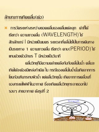ลักษณะการเกิดคลื่น(ต่อ)
     การวัดระยะห่างระหว่างยอดคลื่นของคลื่นแต่ละลูก ค่าที่ได้
    เรียกว่า ความยาวคลื่น (WAVELENGTH) ใช้
    สัญลักษณ์ l มีหน่วยเป็นเมตร ระยะเวลาที่คลื่นใช้ไปในการเดินทาง
    เป็นระยะทาง 1 ความยาวคลื่น เรียกว่า คาบ(PERIOD) ใช้
    แทนด้วยตัวอักษร T มีหน่วยเป็นวินาที
                คลื่นวิทยุก็มความคล้ายคลึงกันกับคลื่นในน้า คลื่นจะ
                             ี
    เกิดได้จะต้องมีแหล่งกาเนิด ใน กรณีของคลื่นในน้านั้นเกิดจากการ
    โยนก้อนหินกระทบผิวน้า แต่คลื่นวิทยุนั้น เกิดจากการเคลื่อนที่
    ของกระแสไฟฟ้าในอากาศ ซึ่งจะเกิดคลื่นวิทยุกระจายออกไป
    รอบๆ สายอากาศ ดังรูปที่ 2
 