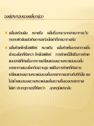 องค์ประกอบของคลื่น(ต่อ)

 คลื่นสะท้อนดิน หมายถึง คลื่นที่ออกมาจากสายอากาศ ไป
  กระทบผิวดินแล้วเกิดการสะท้อนไปเข้าที่สายอากาศรับ
 คลื่นหักเหโทรโปสเฟียร์ หมายถึง คลื่นหักเหในบรรยากาศชั้น
  ต่าของโลกที่เรียกว่า โทรโปสเฟียร์ การหักเหนี้มิใช่เป็นการหักเห
  แบบปกติที่เกิดขึ้นจากการเปลี่ยนแปลงความหนาแน่นของชั้น
  บรรยากาศของโลกกับความสูง แต่เป็นการหักเหที่เกิดการ
  เปลี่ยนแปลงความหนาแน่นของชั้นบรรยากาศอย่างทันทีทนใด และั
  ไม่สม่าเสมอของความหนาแน่นและในความชื้นของบรรยากาศ
  ได้แก่ ปรากฏการณ์ที่เรียกว่า อุณหภูมิแปรกลับ
 
