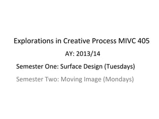 Explorations in Creative Process MIVC 405
AY: 2013/14
Semester One: Surface Design (Tuesdays)
Semester Two: Moving Image (Mondays)
 