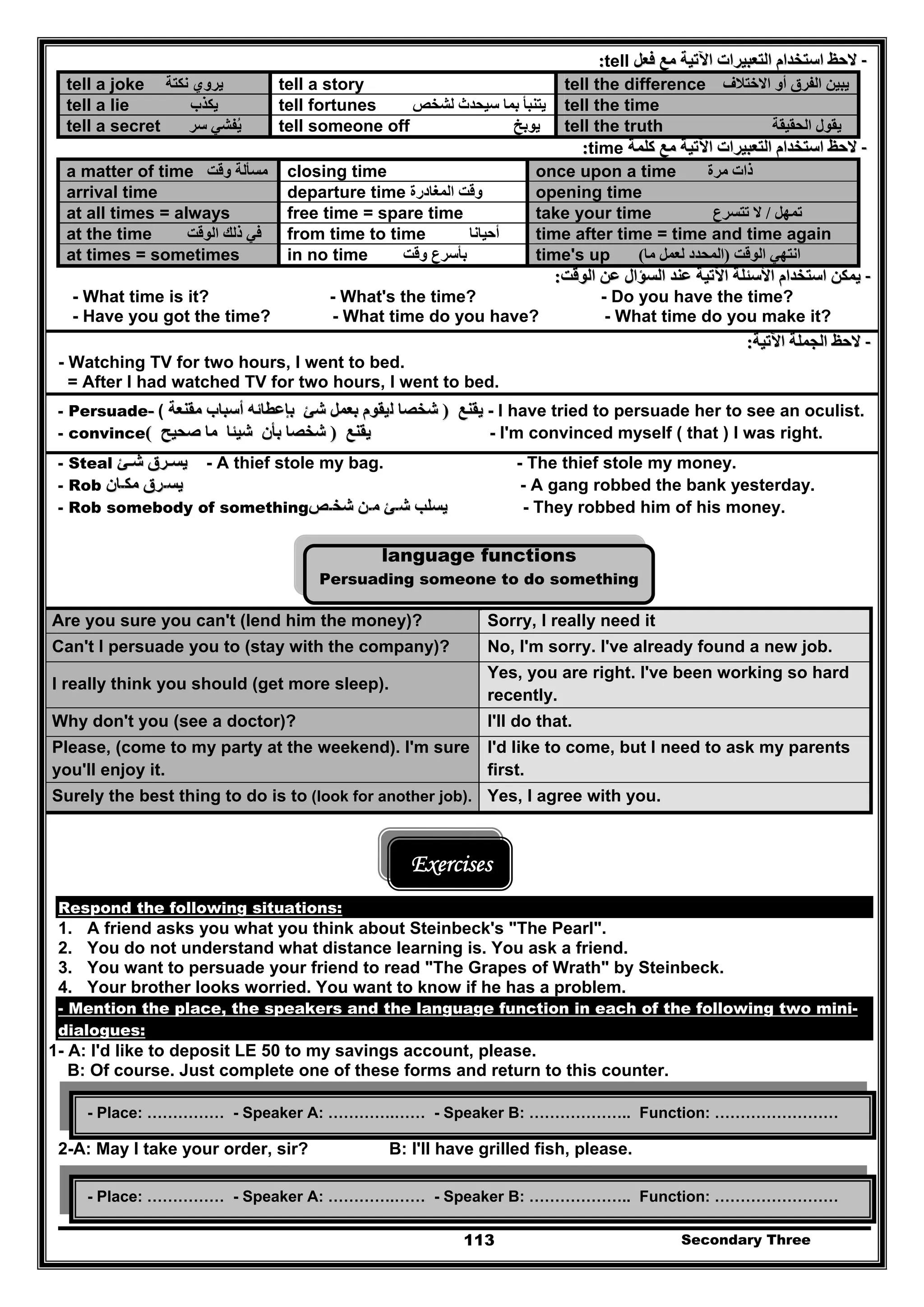 Secondary Three113
--‫فعل‬ ‫مع‬ ‫اآلتية‬ ‫التعبيرات‬ ‫استخدام‬ ‫الحظ‬‫فعل‬ ‫مع‬ ‫اآلتية‬ ‫التعبيرات‬ ‫استخدام‬ ‫الحظ‬tell::
tell a joke ‫نكتة‬ ‫يروي‬ tell a story tell the difference ‫االختالف‬ ‫أو‬ ‫الفرق‬ ‫يبين‬
tell a lie ‫يكذب‬ tell fortunes ‫بم‬ ‫يتنبأ‬‫لشخص‬ ‫سيحدث‬ ‫ا‬ tell the time
tell a secret ‫سر‬ ‫يفشي‬ُ tell someone off ‫يوبخ‬ tell the truth ‫الحقيقة‬ ‫يقول‬
--‫كلمة‬ ‫مع‬ ‫اآلتية‬ ‫التعبيرات‬ ‫استخدام‬ ‫الحظ‬‫كلمة‬ ‫مع‬ ‫اآلتية‬ ‫التعبيرات‬ ‫استخدام‬ ‫الحظ‬time::
a matter of time ‫وقت‬ ‫مسألة‬ closing time once upon a time ‫مرة‬ ‫ذات‬
arrival time departure time ‫المغادرة‬ ‫وقت‬ opening time
at all times = always free time = spare time take your time ‫تمھل‬/‫تتسرع‬ ‫ال‬
at the time ‫الوقت‬ ‫ذلك‬ ‫في‬ from time to time ‫أحيانا‬ time after time = time and time again
at times = sometimes in no time ‫وقت‬ ‫بأسرع‬ time's up ‫الوقت‬ ‫انتھي‬)‫ما‬ ‫لعمل‬ ‫المحدد‬(
--‫الوقت‬ ‫عن‬ ‫السؤال‬ ‫عند‬ ‫اآلتية‬ ‫األسئلة‬ ‫استخدام‬ ‫يمكن‬‫الوقت‬ ‫عن‬ ‫السؤال‬ ‫عند‬ ‫اآلتية‬ ‫األسئلة‬ ‫استخدام‬ ‫يمكن‬::
- What time is it? - What's the time? - Do you have the time?
- Have you got the time? - What time do you have? - What time do you make it?
--‫اآلتية‬ ‫الجملة‬ ‫الحظ‬‫اآلتية‬ ‫الجملة‬ ‫الحظ‬::
- Watching TV for two hours, I went to bed.
= After I had watched TV for two hours, I went to bed.
- Persuade-- ‫يقنع‬‫يقنع‬))‫ل‬ ‫شخصا‬‫ل‬ ‫شخصا‬‫مقنعة‬ ‫أسباب‬ ‫بإعطائه‬ ‫شئ‬ ‫بعمل‬ ‫يقوم‬‫مقنعة‬ ‫أسباب‬ ‫بإعطائه‬ ‫شئ‬ ‫بعمل‬ ‫يقوم‬( - I have tried to persuade her to see an oculist.
- convince ‫يقنع‬‫يقنع‬))‫صحيح‬ ‫ما‬ ‫شيئا‬ ‫بأن‬ ‫شخصا‬‫صحيح‬ ‫ما‬ ‫شيئا‬ ‫بأن‬ ‫شخصا‬(( - I'm convinced myself ( that ) I was right.
- Steal ‫يسـرق‬‫يسـرق‬‫شـئ‬‫شـئ‬ - A thief stole my bag. - The thief stole my money.
- Rob ‫يس‬‫يس‬‫ـ‬‫ـ‬‫رق‬‫رق‬‫مك‬‫مك‬‫ـ‬‫ـ‬‫ان‬‫ان‬ - A gang robbed the bank yesterday.
- Rob somebody of something ‫يسلب‬‫يسلب‬‫ش‬‫ش‬‫ـ‬‫ـ‬‫ئ‬‫ئ‬‫م‬‫م‬‫ـ‬‫ـ‬‫ن‬‫ن‬‫شخ‬‫شخ‬‫ـ‬‫ـ‬‫ص‬‫ص‬ - They robbed him of his money.
language functions
Persuading someone to do something
Are you sure you can't (lend him the money)? Sorry, I really need it
Can't I persuade you to (stay with the company)? No, I'm sorry. I've already found a new job.
I really think you should (get more sleep).
Yes, you are right. I've been working so hard
recently.
Why don't you (see a doctor)? I'll do that.
Please, (come to my party at the weekend). I'm sure
you'll enjoy it.
I'd like to come, but I need to ask my parents
first.
Surely the best thing to do is to (look for another job). Yes, I agree with you.
Exercises
Respond the following situations:
1. A friend asks you what you think about Steinbeck's "The Pearl".
2. You do not understand what distance learning is. You ask a friend.
3. You want to persuade your friend to read "The Grapes of Wrath" by Steinbeck.
4. Your brother looks worried. You want to know if he has a problem.
- Mention the place, the speakers and the language function in each of the following two mini-
dialogues:
1- A: I'd like to deposit LE 50 to my savings account, please.
B: Of course. Just complete one of these forms and return to this counter.
2-A: May I take your order, sir? B: I'll have grilled fish, please.
- Place: …………… - Speaker A: ………….…… - Speaker B: ……………….. Function: ……………………
- Place: …………… - Speaker A: ………….…… - Speaker B: ……………….. Function: ……………………
 