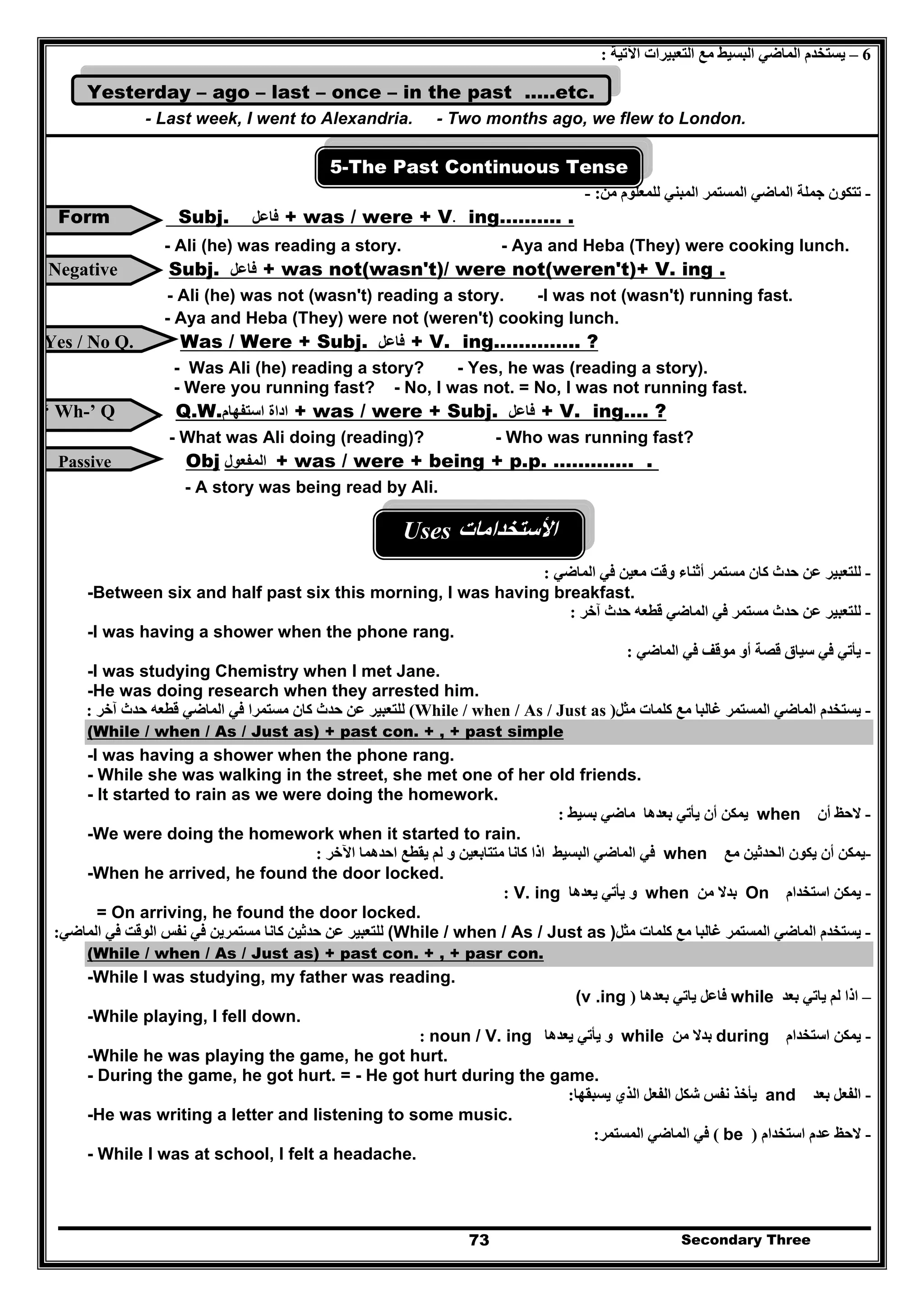 Secondary Three73
6–‫اآلتية‬ ‫التعبيرات‬ ‫مع‬ ‫البسيط‬ ‫الماضي‬ ‫يستخدم‬:
Yesterday – ago – last – once – in the past .....etc.
- Last week, I went to Alexandria. - Two months ago, we flew to London.
5-The Past Continuous Tense
-‫من‬ ‫للمعلوم‬ ‫المبني‬ ‫المستمر‬ ‫الماضي‬ ‫جملة‬ ‫تتكون‬:-
Form Subj. ‫فاعل‬ + was / were + V. ing………. .
- Ali (he) was reading a story. - Aya and Heba (They) were cooking lunch.
Negative Subj. ‫فاعل‬ + was not(wasn't)/ were not(weren't)+ V. ing .
- Ali (he) was not (wasn't) reading a story. -I was not (wasn't) running fast.
- Aya and Heba (They) were not (weren't) cooking lunch.
Yes / No Q. Was / Were + Subj. ‫فاعل‬ + V. ing………….. ?
- Was Ali (he) reading a story? - Yes, he was (reading a story).
- Were you running fast? - No, I was not. = No, I was not running fast.
‘ Wh-’ Q . Q.W.‫استفھام‬ ‫اداة‬ + was / were + Subj. ‫فاعل‬ + V. ing…. ?
- What was Ali doing (reading)? - Who was running fast?
. .………….p.p+being+were/was+‫المفعول‬ObjPassive
- A story was being read by Ali.
Uses ‫األستخدامات‬
-‫حدث‬ ‫عن‬ ‫للتعبير‬‫كان‬‫الماضي‬ ‫في‬ ‫معين‬ ‫وقت‬ ‫أثناء‬ ‫مستمر‬:
-Between six and half past six this morning, I was having breakfast.
-‫مستمر‬ ‫حدث‬ ‫عن‬ ‫للتعبير‬‫في‬‫الماضي‬‫آخر‬ ‫حدث‬ ‫قطعه‬:
-I was having a shower when the phone rang.
-‫يأتي‬‫الماضي‬ ‫في‬ ‫موقف‬ ‫أو‬ ‫قصة‬ ‫سياق‬ ‫في‬:
-I was studying Chemistry when I met Jane.
-He was doing research when they arrested him.
-‫الم‬ ‫يستخدم‬‫مثل‬ ‫كلمات‬ ‫مع‬ ‫غالبا‬ ‫المستمر‬ ‫اضي‬)(While / when / As / Just as‫مستمرا‬ ‫كان‬ ‫حدث‬ ‫عن‬ ‫للتعبير‬‫في‬‫الماضي‬‫آخر‬ ‫حدث‬ ‫قطعه‬:
(While / when / As / Just as) + past con. + , + past simple
-I was having a shower when the phone rang.
- While she was walking in the street, she met one of her old friends.
- It started to rain as we were doing the homework.
-‫أن‬ ‫الحظ‬when‫بعدھا‬ ‫يأتي‬ ‫أن‬ ‫يمكن‬‫ماضي‬‫بسيط‬:
-We were doing the homework when it started to rain.
-‫مع‬ ‫الحدثين‬ ‫يكون‬ ‫أن‬ ‫يمكن‬when‫البسيط‬ ‫الماضي‬ ‫في‬‫متتابعين‬ ‫كانا‬ ‫اذا‬‫اآلخر‬ ‫احدھما‬ ‫يقطع‬ ‫لم‬ ‫و‬:
-When he arrived, he found the door locked.
-‫استخدام‬ ‫يمكن‬On‫من‬ ‫بدال‬when‫يعدھا‬ ‫يأتي‬ ‫و‬: V. ing
= On arriving, he found the door locked.
-‫مثل‬ ‫كلمات‬ ‫مع‬ ‫غالبا‬ ‫المستمر‬ ‫الماضي‬ ‫يستخدم‬)(While / when / As / Just as‫ع‬ ‫للتعبير‬‫مستمرين‬ ‫كانا‬ ‫حدثين‬ ‫ن‬‫في‬‫في‬ ‫الوقت‬ ‫نفس‬‫الماضي‬:
(While / when / As / Just as) + past con. + , + pasr con.
-While I was studying, my father was reading.
–‫بعد‬ ‫ياتي‬ ‫لم‬ ‫اذا‬while‫بعدھا‬ ‫ياتي‬ ‫فاعل‬(v .ing )
-While playing, I fell down.
-‫استخدام‬ ‫يمكن‬during‫بد‬‫من‬ ‫ال‬while‫يعدھا‬ ‫يأتي‬ ‫و‬noun / V. ing:
-While he was playing the game, he got hurt.
- During the game, he got hurt. = - He got hurt during the game.
-‫بعد‬ ‫الفعل‬and‫يسبقھا‬ ‫الذي‬ ‫الفعل‬ ‫شكل‬ ‫نفس‬ ‫يأخذ‬:
-He was writing a letter and listening to some music.
-‫استخدام‬ ‫عدم‬ ‫الحظ‬)( be‫المستمر‬ ‫الماضي‬ ‫في‬:
- While I was at school, I felt a headache.
 