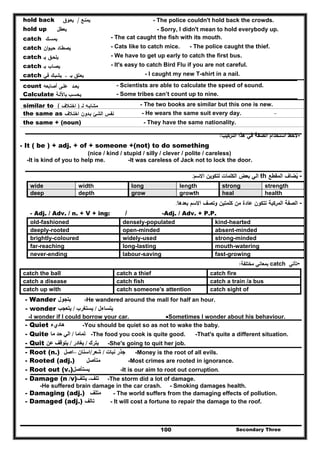 Secondary Three100
hold back ‫ﻳﻣﻧ‬‫ـ‬‫ﻊ‬/‫ﻳﻌ‬‫ـ‬‫وق‬ - The police couldn't hold back the crowds.
hold up ‫ﻳﻌطﻝ‬ - Sorry, I didn't mean to hold everybody up.
catch ‫ﻳﻣﺳـك‬ - The cat caught the fish with its mouth.
catch ‫ﻳﺻطـﺎد‬‫ان‬‫و‬‫ﺣﻳـ‬ - Cats like to catch mice. - The police caught the thief.
catch ‫ﻳﻠﺣـق‬‫ﺑـ‬ - We have to get up early to catch the first bus.
catch ‫ﻳﺻـﺎب‬‫ﺑـ‬ - It's easy to catch Bird Flu if you are not careful.
catch ‫ـ‬ ‫ﺑـ‬ ‫ﻳﻌـﻠق‬‫ﻳﺷﺑـك‬‫ﻓﻲ‬ - I caught my new T-shirt in a nail.
count ‫ﻳﻌـ‬‫ـ‬‫د‬‫ﻋﻠـﻰ‬‫أﺻﺎﺑﻌﻪ‬ - Scientists are able to calculate the speed of sound.
Calculate ‫ﻳﺣﺳـب‬‫ﺑﺎﻵﻟـﺔ‬ - Some tribes can’t count up to nine.
similar to ‫ﻣﺷﺎﺑ‬‫ـ‬‫ﻪ‬‫ﻟـ‬)‫اﺧﺗ‬‫ـ‬‫ﻼف‬( - The two books are similar but this one is new.
the same as ‫ﻧﻔس‬‫اﻟﺷﺊ‬‫ﺑ‬‫ـ‬‫دون‬‫اﺧﺗ‬‫ـ‬‫ﻼف‬ - He wears the same suit every day. -
the same + (noun) - They have the same nationality.
-‫اﻟﺗرﻛﻳب‬ ‫ﻫذا‬ ‫ﻓﻲ‬ ‫اﻟﺻﻔﺔ‬ ‫اﺳﺗﺧدام‬ ‫ﻻﺣظ‬:
- It ( be ) + adj. + of + someone +(not) to do something
(nice / kind / stupid / silly / clever / polite / careless)
-It is kind of you to help me. -It was careless of Jack not to lock the door.
-‫اﻟﻣﻘطﻊ‬ ‫ﻳﺿﺎف‬ُth‫اﻻﺳم‬ ‫ﻟﺗﻛوﻳن‬ ‫اﻟﻛﻠﻣﺎت‬ ‫ﺑﻌض‬ ‫اﻟﻲ‬:
wide width long length strong strength
deep depth grow growth heal health
-‫ﺑﻌدﻫﺎ‬ ‫اﻻﺳم‬ ‫وﺗﺻف‬ ‫ﻛﻠﻣﺗﻳن‬ ‫ﻣن‬ ‫ﻋﺎدة‬ ‫ﺗﺗﻛون‬ ‫اﻟﻣرﻛﺑﺔ‬ ‫اﻟﺻﻔﺔ‬:
-Adj. / Adv. + P.P./- Adj. / Adv. / n. + V + ing:
old-fashioned densely-populated kind-hearted
deeply-rooted open-minded absent-minded
brightly-coloured widely-used strong-minded
far-reaching long-lasting mouth-watering
never-ending labour-saving fast-growing
-‫ﺗﺄﺗﻲ‬catch‫ﻣﺧﺗﻠﻔﺔ‬ ‫ﺑﻣﻌﺎﻧﻲ‬:
catch the ball catch a thief catch fire
catch a disease catch fish catch a train /a bus
catch up with catch someone's attention catch sight of
- Wander ‫يتجول‬ -He wandered around the mall for half an hour.
- wonder ‫يتساءل‬/‫يستغ‬‫رب‬/‫يتعجب‬
-I wonder if I could borrow your car. Sometimes I wonder about his behaviour.
- Quiet ‫ھاديء‬ -You should be quiet so as not to wake the baby.
- Quite ‫تماما‬/‫ما‬ ‫حد‬ ‫الي‬ -The food you cook is quite good. -That's quite a different situation.
- Quit ‫يترك‬/‫يغادر‬/‫عن‬ ‫يتوقف‬ -She's going to quit her job.
- Root (n.) ‫نبات‬ ‫جذر‬/‫شعر‬/‫اسنان‬–‫اصل‬ -Money is the root of all evils.
- Rooted (adj.) ‫متأصل‬ -Most crimes are rooted in ignorance.
- Root out (v.)‫يستأصل‬ -It is our aim to root out corruption.
- Damage (n /v) ‫تلف‬-‫يتلف‬ -The storm did a lot of damage.
-He suffered brain damage in the car crash. - Smoking damages health.
- Damaging (adj.) ‫متلف‬ - The world suffers from the damaging effects of pollution.
- Damaged (adj.) ‫تالف‬ - It will cost a fortune to repair the damage to the roof.
 