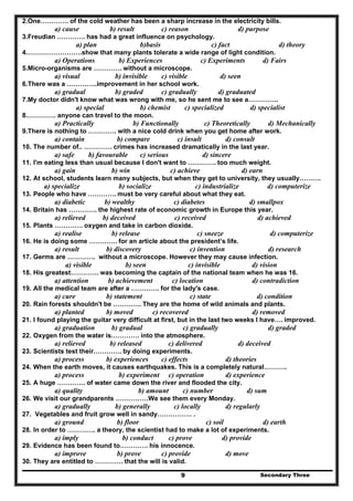 Secondary Three9
2.One…………. of the cold weather has been a sharp increase in the electricity bills.
a) cause b) result c) reason d) purpose
3.Freudian …………. has had a great influence on psychology.
a) plan b)basis c) fact d) theory
4.…………………….show that many plants tolerate a wide range of light condition.
a) Operations b) Experiences c) Experiments d) Fairs
5.Micro-organisms are …………. without a microscope.
a) visual b) invisible c) visible d) seen
6.There was a …………..improvement in her school work.
a) gradual b) graded c) gradually d) graduated
7.My doctor didn't know what was wrong with me, so he sent me to see a…………..
a) special b) chemist c) specialized d) specialist
8.…………. anyone can travel to the moon.
a) Practically b) Functionally c) Theoretically d) Mechanically
9.There is nothing to …………. with a nice cold drink when you get home after work.
a) contain b) compare c) insult d) consult
10. The number of.. …………. crimes has increased dramatically in the last year.
a) safe b) favourable c) serious d) sincere
11. I'm eating less than usual because I don't want to …………. too much weight.
a) gain b) win c) achieve d) earn
12. At school, students learn many subjects, but when they get to university, they usually……….
a) specialize b) socialize c) industrialize d) computerize
13. People who have …………. must be very careful about what they eat.
a) diabetic b) wealthy c) diabetes d) smallpox
14. Britain has …………. the highest rate of economic growth in Europe this year.
a) relieved b) deceived c) received d) achieved
15. Plants …………. oxygen and take in carbon dioxide.
a) realise b) release c) sneeze d) computerize
16. He is doing some …………. for an article about the president’s life.
a) result b) discovery c) invention d) research
17. Germs are …………. without a microscope. However they may cause infection.
a) visible b) seen c) invisible d) vision
18. His greatest…………. was becoming the captain of the national team when he was 16.
a) attention b) achievement c) location d) contradiction
19. All the medical team are after a …………. for the lady's case.
a) cure b) statement c) state d) condition
20. Rain forests shouldn't be …………. They are the home of wild animals and plants.
a) planted b) moved c) recovered d) removed
21. I found playing the guitar very difficult at first, but in the last two weeks I have…. improved.
a) graduation b) gradual c) gradually d) graded
22. Oxygen from the water is…………. into the atmosphere.
a) relieved b) released c) delivered d) deceived
23. Scientists test their…………. by doing experiments.
a) process b) experiences c) effects d) theories
24. When the earth moves, it causes earthquakes. This is a completely natural………..
a) process b) experiment c) operation d) experience
25. A huge …………. of water came down the river and flooded the city.
a) quality b) amount c) number d) sum
26. We visit our grandparents ……………We see them every Monday.
a) gradually b) generally c) locally d) regularly
27. Vegetables and fruit grow well in sandy……………. .
a) ground b) floor c) soil d) earth
28. In order to …………. a theory, the scientist had to make a lot of experiments.
a) imply b) conduct c) prove d) provide
29. Evidence has been found to…………. his innocence.
a) improve b) prove c) provide d) move
30. They are entitled to …………. that the will is valid.
 