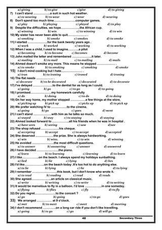 Secondary Three48
  a) giving                 b) to give                      c)give                        d) to giving  
7) I can't stand ……………..a suit in such hot weather.
  a) to wearing             b) to wear                   c) wear                d) wearing  
8) Don't spend too much time………………….computer games.
  a) play               b) playing                    c) played                       d) to play  
9) Despite the difficulties, we hope……………….the African cup.
  a) winning                      b) win                     c) to winning                     d) to win  
10) My sister has never been able to quit………………. .
  a) smoking                    b) smoke                     c) smokes                      d) to smoke  
11) I started ………………..for the bank twenty years ago .
  a) work                b) worked                         c) working                         d) to working  
12) When I was a child, I used to imagine………..a pilot
  a) becoming              b) to become             c) becomes                        d) become  
13) John mailed the letter and remembered ………………..it later.
  a) mailing                b) to mail                         c) to mailing                        d) mails  
14) Ahmed doesn't smoke any more. This means he stopped ……………… .
  a) to smoke                b) to smoking              c) smoking                           d) smoke  
15) I don't mind cooking but I hate………………… .
           a) iron               b) to ironing      c) ironed               d) ironing  
16) The flat needs …………….. .
         a) decorate            b) to be decorated                   c) decorated                    d) to decorate  
17) I've delayed ………………..to the dentist for as long as I could.
  a) going                b) go                         c) to go                        d) to going  
18) I promised…………………my homework carefully
  a) do                    b) doing                        c) to do                     d) to doing  
19) On her way home, my mother stopped ……………a few things at the store.
  a) picking up             b) pick up                        c) picks up                        d) to pick up  
20) We prefer watching IV to …………….to the cinema.
  a) going             b) go                            c) goes                              d) went  
21) I can't stand ………………with him as he talks so much.
  a) stayed                b) stay                c) to staying                           d) staying  
22) Ahmed looked forward to ……………..all his friends when he was in hospital .
  a) have seen              b) seeing                     c) saw                                d)see 
23) The shop refused ………………his cheque.
  a} accepting               b) accept                     c) to accept                    d) accepted  
24) She deserved ………………the prize. She is always hardworking.
  a) win                     b) wins.                      c) to win                        d) winning  
25) He avoided ………………….the most difficult questions.
  a) to answer                  b) answering                c) answer                  d) answered  
26) I have decided ………………….the piano.
  a} learn                  b) to learning                           c) learning             d) to learn  
27) I like……………..on the beach. I always spend my holidays sunbathing.
  a) lied                  b) lie                    c) lying                                 d) lies  
28) I'd like………………..on the beach today .It's too hot to do anything else.
  a) to lie                  b) lying                      c) lie                               d) to lying  
29) I remember …………………….this book, but I don't know who wrote it.
  a) to read                    b) reading                c) read                        d) reads  
30) She agreed………………..an article on classical music.
  a) write                  b) writing                  c) to write                      d) to writing  
31) It would be marvelous to fly in a balloon. I'd love ……………..in one someday.
  a) flying                    b) flies                            c) fly                         d) to fly  
32) Do you regret…………………to the concert ?
  a) go                              b) going                          c) to go                          d) goes  
33) We arranged …………… at 9 o'clock.
  a) met              b) to meet                     c) meet                d) meeting  
34) I don't recommend ………….on a long car ride if you don't like travelling.
  a) going             b) to go                     c) go                         d) will go  
 