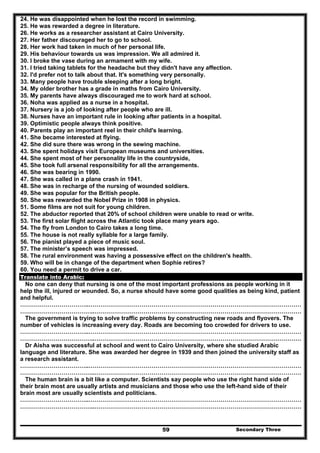 Secondary Three59
24. He was disappointed when he lost the record in swimming.
25. He was rewarded a degree in literature.
26. He works as a researcher assistant at Cairo University.
27. Her father discouraged her to go to school.
28. Her work had taken in much of her personal life.
29. His behaviour towards us was impression. We all admired it.
30. I broke the vase during an armament with my wife.
31. I tried taking tablets for the headache but they didn't have any affection.
32. I'd prefer not to talk about that. It's something very personally.
33. Many people have trouble sleeping after a long bright.
34. My older brother has a grade in maths from Cairo University.
35. My parents have always discouraged me to work hard at school.
36. Noha was applied as a nurse in a hospital.
37. Nursery is a job of looking after people who are ill.
38. Nurses have an important rule in looking after patients in a hospital.
39. Optimistic people always think positive.
40. Parents play an important reel in their child's learning.
41. She became interested at flying.
42. She did sure there was wrong in the sewing machine.
43. She spent holidays visit European museums and universities.
44. She spent most of her personality life in the countryside,
45. She took full arsenal responsibility for all the arrangements.
46. She was bearing in 1990.
47. She was called in a plane crash in 1941.
48. She was in recharge of the nursing of wounded soldiers.
49. She was popular for the British people.
50. She was rewarded the Nobel Prize in 1908 in physics.
51. Some films are not suit for young children.
52. The abductor reported that 20% of school children were unable to read or write.
53. The first solar flight across the Atlantic took place many years ago.
54. The fly from London to Cairo takes a long time.
55. The house is not really syllable for a large family.
56. The pianist played a piece of music soul.
57. The minister’s speech was impressed.
58. The rural environment was having a possessive effect on the children's health.
59. Who will be in change of the department when Sophie retires?
60. You need a permit to drive a car.
Translate into Arabic:
No one can deny that nursing is one of the most important professions as people working in it
help the ill, injured or wounded. So, a nurse should have some good qualities as being kind, patient
and helpful.
……………………………..………………………………………………………………………………………………
………………………………..……………………………………………………………………………………………
The government is trying to solve traffic problems by constructing new roads and flyovers. The
number of vehicles is increasing every day. Roads are becoming too crowded for drivers to use.
……………………………..………………………………………………………………………………………………
………………………………..……………………………………………………………………………………………
Dr Aisha was successful at school and went to Cairo University, where she studied Arabic
language and literature. She was awarded her degree in 1939 and then joined the university staff as
a research assistant.
……………………………..………………………………………………………………………………………………
………………………………..……………………………………………………………………………………………
The human brain is a bit like a computer. Scientists say people who use the right hand side of
their brain most are usually artists and musicians and those who use the left-hand side of their
brain most are usually scientists and politicians.
……………………………..………………………………………………………………………………………………
………………………………..……………………………………………………………………………………………
 