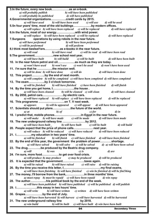 Secondary Three94
3.In the future, every new book………………as an e-book.
a) will probably publish b) will have been published
c) will probably be published d) will have published
4.Governmental organizations…………….credit cards by 2015.
a) will have used b) will have been used c) will use d) will be used
5.5n four years' time, most of the old buildings……………….by modern offices.
a) will replace b) will have been replaced c) will be replaced d) will have replaced
6.In the future, most of our energy………………..with wind power.
a) will replace b) will have been replaced c) will be replaced d) will have replaced
7.Surgeons operations by using robots in the near future.
a) will have performed b) will have been performed
c) will be performed d) will perform
8.I think most bestsel1ers…………….as e-books in the near future.
a) will read b) will have read c) will be read d) will have been read
9.The government………………..new school next year.
a) will have built b) will build c) will be built d) will have been built
10. In the near future petrol and oil………………as much as they are today.
a) won't have used b) won't use c) won't be used d) won't have been used
11. I'm sure that he …………….the mission well.
a) will be done b) will have done c) will do d) will have been done
12. This project…………..by the end of next month.
a) will complete b) will be completed c) will have been completed d) will have completed
13. The exam……………..by 3 o'clock tomorrow.
a) will be finished b) will have finished c) have been finished d) will finish
14. By the time you get home, I…………………..the house .
a) will have been cleaned b) will be cleaned c) will clean d) will have cleaned
15. By 2050, petrol cars………………….by electric cars.
a) will have replaced b) will replace c) will have been replaced d) will be replaced
16. This programme ………………………on T. V next week.
a) appears b) will be appeared c) will appear d) will have been appeared
17. Scientists should put plans……………….the future of the world.
a) at b) of c) for d) in
18. I predict that, mobile phones……………………….in Egypt in the near future.
a) will make b) will have made c) will be made d) will have been made
19. The new underground railway line ……………………by 2012.
a) will have been built _ b) will have built c) will be built d) will build
20. People expect that the price of phone calls…………………next year.
a) will reduce b) will be reduced c) will have reduced d) will have been reduced
21. I…………….my education in two years' time.
a) will be finished b) will finish c) will have finished d) will have been finished
22. By the end of this year, the government the problem of power…………shortage.
a) will have solved b) will solve c) will be solved d) a) will have been solved
23. The drug…………..be produced by the Beatrix drug company.
a) will b) was c) is d) are
24. I'm sure, more food………………to get over food crisis.
a) will produce b) may produce c) may be produced d) will be produced
25. It is expected that the government…………………..taxes again.
a) will be raised b) will have raised c) will raise d) will be raising
26. By the time you receive this letter, I…………………………………my final exams.
a) will have been finishing b) will have finished c) win be finished d) will be fini5hing
27. The money, I'll borrow from the bank,……………….in three months' time.
a) must repay b) must be repaid c) will have been repaid d) win repay
28. The author……………..his political book by the end of the week.
a) will have been published b) will have published c) will be published d) will publish
29. I………………….this essay in two hours' time.
a) will write b) will have written c) written d) will have been written
30. Grapes………………by the end of July.
a) will have been harvested b) will harvest c) will have harvested d) will be harvested
31. The new underground railway line by 2018.
a) win build b) will be built c) will have built d) win have been built
 