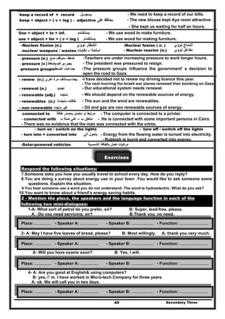 Secondary Three49
keep a record of = record ‫يسجـــل‬ - We need to keep a record of our bills.
keep + object + ( v + ing ) - adjective ‫على‬ ‫يحافظ‬ - The new blouse kept Aya room attractive.
- She kept us waiting for half an hours.
Use + object + to + inf. ‫يستخـدم‬ - We use wood to make furniture.
use + object + for + ( v + ing ) ‫يستخـدم‬ - We use wood for making furniture.
-Nuclear fission (n.) ‫نووي‬ ‫انشطار‬
-nuclear weapons / wastes ‫اسلحة‬–‫نفايات‬
-Nuclear fusion ( n. ) ‫نووي‬ ‫اندماج‬
- Nuclear reactor (n.) ‫نووي‬ ‫مفاعل‬
- pressure (n.) ‫ضغط‬–‫صع‬ ‫موقف‬ -Teachers are under increasing pressure to work longer hours.
- pressure (v.) ‫يجبر‬-‫يرغم‬-‫يضغط‬ - The president was pressured to resign.
-pressure groups‫الضغط‬ ‫جماعات‬ -The pressure groups influence the government' s decision to
open the road to Gaza.
- renew (v.) ‫يجدد‬-‫اخري‬ ‫مرة‬ ‫يستأنف‬ -I have decided not to renew my driving licence this year.
- The next morning the Israeli war planes renewed their bombing on Gaza.
- renewal (n.) ‫تجديد‬ - Our educational system needs renewal.
- renewable (adj.) ‫متجدد‬ - We should depend on the renewable sources of energy.
- renewables (n.) ‫طاقات‬‫متجددة‬ - The sun and the wind are renewables.
- non renewable ‫غير‬‫متجدد‬ - Oil and gas are non renewable sources of energy.
-connected to ‫طاقة‬ ‫بمصدر‬ ‫متصل‬ ‫او‬ ‫مرتبط‬ - The computer is connected to a printer.
- connected with ‫ب‬ ‫متعلق‬–‫صلة‬ ‫علي‬‫ب‬‫ـ‬ - He is connected with some important persons in Cairo.
- There was no evidence that the man was connected with the crime.
- turn on / switch on the lights - turn off / switch off the lights
- turn into = converted into ‫الي‬ ‫يتحول‬ - Energy from the flowing water is turned into electricity.
- Rubbish is burnt and converted into energy.
-Solar-powered vehicles ‫مركبات‬‫الشمسية‬ ‫بالطاقة‬ ‫تعمل‬
Exercises
Respond the following situations:
7.Someone asks you how you usually travel to school every day. How do you reply?
8.You are doing a survey about energy use in your town .You would like to ask someone some
questions. Explain the situation.
9.You hear someone use a word you do not understand. The word is hydroelectric. What do you ask?
10.You want to know about a friend’s energy saving habits.
2 - Mention the place, the speakers and the language function in each of the
following two mini-dialogues:
1-A: What sort of petrol do you prefer, sir? B: Super, lead-free, please.
A : Do you need servicing, sir? B:Thank you, no need.
2- A: May I have five loaves of bread, please? B: Most willingly. A: thank you very much.
3- A: What is the matter with you? B: I have insomnia.
A: Will you have exams soon? B: Yes, I will.
4- A: Are you good at English& using computers?
B: yes, I’ m. I have worked in Micro-tech Company for three years.
A: ok. We will call you in two days.
Place: ………… - Speaker A: …………. - Speaker B: ……….…… - Function: …………………
Place: ………… - Speaker A: …………. - Speaker B: ……….…… - Function: …………………
Place: ………… - Speaker A: …………. - Speaker B: ……….…… - Function: …………………
Place: ………… - Speaker A: …………. - Speaker B: ……….…… - Function: …………………
 