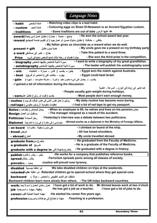 Secondary Three63
Language Notes
- habit ‫شخـص‬ ‫عـادة‬ - Watching video clips is a bad habit.
- custom ‫شعب‬ ‫عـادة‬ - Colouring eggs on Sham El-Nesseem is an Ancient Egyptian custom.
- traditions ‫تقاليد‬ - Some traditions are out of date .‫الزمن‬ ‫عليھا‬ ‫عفا‬
award( ‫جائـزة‬ ‫ـ‬ ‫منحـة‬ ‫ـ‬ ‫يمنـح‬)‫بإجادة‬ ‫شـئ‬ ‫عمـل‬ ‫مقابـل‬ - He won the school award last year.
reward ‫مكـافـأة‬ ‫ـ‬ ‫يكافـئ‬)‫جيـد‬ ‫عمـل‬ ‫أو‬ ‫حسـن‬ ‫سلـوك‬ ‫مقابـل‬(‫للمجتمع‬ ‫خدمـة‬ ‫تقديـم‬ ‫أو‬
- My father gives us chocolate as a reward when we do well.
present = gift ‫مقابل‬ ‫بدون‬ ‫ھدية‬ - My uncle gave me a present on my birthday party.
a ward ‫مستشفى‬ ‫فى‬ ‫عنبر‬ ‫ـ‬ ‫جناح‬ - Take this patient to a ward three.
Prize ‫نقدية‬ ‫جائزة‬)‫مثال‬ ‫رحلة‬ ‫او‬(‫شيء‬ ‫في‬ ‫نجح‬ ‫لشخص‬ ‫تمنح‬ - She won the third prize in the competition.
- biography ‫شخـ‬ ‫يكتبھـا‬ ‫لشخـص‬ ‫ذاتيـة‬ ‫سيـرة‬‫ص‬ - I want to write a biography of my great grandfather.
- autobiography ‫الشخـص‬ ‫يكتبھـا‬ ‫لشخـص‬ ‫ذاتيـة‬ ‫سيـرة‬ - The leader will publish his autobiography soon.
- win ‫يف‬‫ـ‬‫وز‬‫ــ‬‫يكسب‬)‫انتخابات‬ ‫ـ‬ ‫مبـاراة‬ ‫ـ‬ ‫كأس‬ - Egypt won the match against Australia.
- beat ‫يھ‬‫ـ‬‫زم‬‫ـ‬‫على‬ ‫يتغـلب‬)‫فـريق‬ ‫أو‬ ‫شخـص‬( - Egypt could beat Israel.
- gain ‫مفيد‬ ‫معنوى‬ ‫شىء‬ ‫على‬ ‫يحصل‬ ‫ـــ‬ ‫يكتسب‬)‫شھرة‬ ‫ـ‬ ‫معلـومات‬ ‫معـرفة‬ ‫ـ‬ ‫خبـرة‬(
- I gained a lot of information during the discussion.
‫الكمية‬ ‫ـ‬ ‫السرعة‬ ‫ـ‬ ‫الوزن‬ ‫فى‬ ‫زيادة‬ ‫إلى‬ ‫تشير‬ ‫كما‬
- People usually gain weight during holidays.
- earn ‫يكسب‬)‫رزق‬ ‫أو‬ ‫قوت‬(‫عمل‬ ‫مقابل‬ - Most people don’t earn enough money.
- routine ‫روتين‬)‫يوم‬ ‫كل‬ ‫الوقت‬ ‫نفس‬ ‫في‬ ‫الشئ‬ ‫نفس‬ ‫عمل‬( - My daily routine has become more boring.
- red tape ( ‫حكومي‬ ‫روتين‬ ) ‫حكومية‬ ‫تعقيدات‬ - I had a lot of red tape to get my passport.
Retire ‫للمعـاش‬ ‫يحـال‬)‫يتقـاعـد‬( - When an employee is 60, he retires and lives on his pension.‫ﻣﻌﺎش‬
Resign ‫العمـ‬ ‫من‬ ‫يستقيـل‬‫ل‬ - The manager resigned as a result of the accident.
Politician ‫السياسة‬ ‫رجل‬ -Yesterday's interview was a debate between two politicians.
Diplomat ‫دبلوماسي‬)‫الخارجية‬ ‫وزارة‬ ‫في‬ ‫أو‬ ‫سفارة‬ ‫في‬ -Ahmed works as a diplomat in the Ministry of Foreign Affairs.
- on board ( ‫متن‬ ‫على‬)‫طائرة‬ ‫ـ‬ ‫سفينة‬ - I climbed on board of the ship.
- broad ‫عريض‬ - Ali has broad shoulders.
- abroad ‫الخارج‬ - My uncle travelled abroad.
graduate from‫مـن‬ ‫يتخـرج‬ - He graduated from the Faculty of Medicine.
a graduate of ‫خـريـج‬ - He is a graduate of the Faculty of Medicine.
graduate with a degree in ‫فـى‬ ‫بشھـادة‬ ‫يتخـرج‬ - He graduated with a degree in history.
publish ‫ينشر‬ ‫ـ‬ ‫يعلن‬)‫كتاب‬( -He works for a company that publishes reference books.
spread‫ينتشر‬ ‫ـ‬ ‫ينشر‬ -Terrorism spreads panic among all classes of society.
prevail‫يعم‬ ‫ـ‬ ‫يسود‬ -Justice will prevail over tyranny.
disabled ‫جسـدية‬ ‫إعاقـة‬ ‫ذو‬ We take disabled children on trips at the weekends.
retarded‫عقليـة‬ ‫إعاقـة‬ ‫ذو‬ Retarded children go to special school where they get special care.
backward ‫الطبيعى‬ ‫النمـو‬ ‫عن‬ ‫متخلف‬)‫دولة‬ ‫ـ‬ ‫شخـص‬(
Backward children learn more slowly than others. - The UN helps backward countries.
work ‫عمـل‬‫العمـل‬ ‫مكـان‬ ‫ـ‬)‫يعـد‬ ‫ال‬ ‫اسم‬( I have got a lot of work to do. Mr Ahmed leaves work at two o'clock
job ( ‫مھنـه‬ ‫ـ‬ ‫وظيفة‬)‫يعـد‬ ‫اسم‬ -He has got a job as a teacher. I have got a lot of jobs to do.
career‫للفـرد‬ ‫العملية‬ ‫الحياة‬ ‫مھنـه‬ -He started his career five years ago.
profession ‫مھنـه‬)‫وتـدريـب‬ ‫مؤھـالت‬ ‫إلى‬ ‫تحتـاج‬( -Teaching is a profession.
 