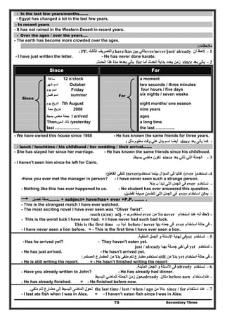 Secondary Three70
- In the last few years/months…….
- Egypt has changed a lot in the last few years.
- In recent years
- It has not rained in the Western Desert in recent years.
- Over the ages / over the years….
- The earth has become more crowded over the ages.
‫مالحظات‬:
1-‫أن‬ ‫الحظ‬ever/never/just/ already‫بين‬ ‫تأتي‬have/has‫الثالث‬ ‫والتصريف‬: PP.
- I have just written the letter. - He has never done karate.
2-‫بعد‬ ‫يأتى‬since‫أما‬ ‫الحدث‬ ‫بداية‬ ‫يحدد‬ ‫زمن‬for‫الحدث‬ ‫ھذا‬ ‫مدة‬ ‫بعدھا‬ ‫يأتى‬.
Since For
‫ساعة‬ 12 o’clock a moment
Since
‫اسم‬‫شھر‬ October
‫اسم‬‫يوم‬ Friday
‫اسم‬‫فصل‬ summer For
two seconds / three minutes
four hours / five days
six nights / seven weeks
‫يوم‬ ‫تاريخ‬ 7th August eight months/ one season
‫تاريخ‬‫سنة‬ 2000 nine years
‫جملة‬‫ماضي‬‫بسيط‬ I arrived ages
Then ‫ذلك‬‫الحين‬ /yesterday a long time
last ……………... the last …………..
- We have owned this house since 1988 - He has known the same friends for three years.
-‫كما‬‫بعد‬ ‫يأتى‬since‫مثل‬ ‫معلوم‬ ‫وقت‬ ‫علي‬ ‫يدل‬ ‫اسم‬ ‫أيضا‬:
- lunch / lunchtime / his childhood / her wedding / their arrival…….
- She has stayed her since her marriage. - He has known the same friends since his childhood.
3-‫بعد‬ ‫تأتي‬ ‫التي‬ ‫الجملة‬since‫ت‬‫بسيط‬ ‫ماضي‬ ‫كون‬:
- I haven’t seen him since he left for Cairo.
‫القاطع‬ ‫للنفي‬: (never)‫تستخدم‬ ‫بينما‬ ‫السؤال‬ ‫في‬ ‫غالبا‬ (ever ) -‫تستخدم‬ 4
-Have you ever met the manager in person? - I have never seen such a strange person.
-‫نستخدم‬ever‫بـ‬ ‫تبدأ‬ ‫التى‬ ‫الجمل‬ ‫فى‬No
- Nothing like this has ever happened to us. - No student has ever answered this question.
-‫استخدام‬ ‫يمكن‬ever‫صيغة‬ ‫تتضمن‬ ‫التى‬ ‫الجمل‬ ‫فى‬‫تفضيل‬:
‫صفة‬‫تفضيل‬ …….. + subject+ have/has+ ever +P.P. ……. .
- This is the strangest match I have ever watched.
- The most exciting novel I have ever seen was “Oliver Twist".
-‫الحظ‬‫أنه‬‫استخدام‬ ‫عند‬never‫من‬ ‫بدال‬ever‫نستخدم‬such (a/an) adj. + n.:
- This is the worst luck I have ever had. = I have never had such bad luck.
-‫استخدام‬ ‫حالة‬ ‫فى‬ever‫بھا‬ ‫جمله‬ ‫فى‬never/before‫بــ‬ ‫نبدأ‬This is the first time
- I have never seen a lion before. = - This is the first time I have ever seen a lion.
5-‫تستخدم‬yet‫و‬ ‫األسئلة‬ ‫نھاية‬ ‫فى‬‫المنفية‬ ‫الجمل‬.
- Has he arrived yet? - They haven't eaten yet.
-‫تستخدم‬yet‫بھـ‬ ‫جمــلة‬ ‫نفي‬ ‫في‬‫ا‬just / already
- He has just arrived. - He hasn’t arrived yet.
-‫استخدام‬ ‫حالة‬ ‫في‬yet‫بدال‬‫من‬still‫نستخدم‬‫المستمر‬ ‫المضارع‬ ‫من‬ ‫بدال‬ ‫منفى‬ ‫تام‬ ‫مضارع‬:
- He is still writing the report. = - He hasn’t finished writing the report
6-‫نستخدم‬already‫المثبتة‬ ‫الجمل‬ ‫و‬ ‫األسئلة‬ ‫فى‬.
- Have you already written to John? - He has already had dinner.
-‫عندإستخدام‬before now‫مكان‬already‫البسيط‬ ‫للماضي‬ ‫الجملة‬ ‫زمن‬ ‫يحول‬
- He has already finished. = - He finished before now.
7-‫استخدام‬ ‫عند‬since / for‫من‬ ‫بدال‬the last time / last / when / ago‫الماضى‬ ‫نحول‬‫مضارع‬ ‫إلى‬ ‫البسيط‬‫منفى‬ ‫تام‬.
- I last ate fish when I was in Alex. = - I haven’t eaten fish since I was in Alex.
 