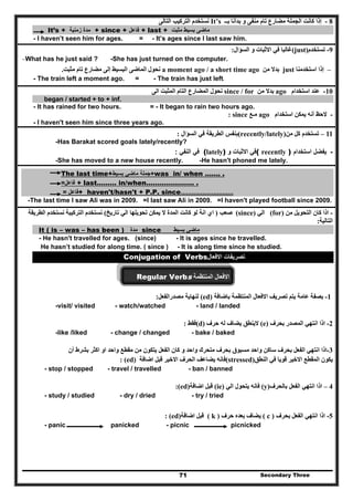 Secondary Three71
8-‫بــ‬ ‫بدأنا‬ ‫و‬ ‫منفى‬ ‫تام‬ ‫مضارع‬ ‫الجملة‬ ‫كانت‬ ‫إذا‬It’s‫التالى‬ ‫التركيب‬ ‫نستخدم‬
It’s + ‫زمنية‬ ‫مدة‬ + since + ‫فاعل‬ + last + ‫مثبت‬ ‫بسيط‬ ‫ماضى‬
- I haven’t seen him for ages. = - It’s ages since I last saw him.
‫االثبات‬ ‫في‬ ‫غالبا‬‫السؤال‬ ‫و‬: (just) -‫تستخدم‬ 9
-What has he just said ? -She has just turned on the computer.
–‫استخدمنا‬ ‫إذا‬just‫من‬ ‫بدال‬a moment ago / a short time ago‫نح‬‫تام‬ ‫مضارع‬ ‫إلى‬ ‫البسيط‬ ‫الماضى‬ ‫ول‬‫مثبت‬.
- The train left a moment ago. = - The train has just left.
10-‫استخدام‬ ‫عند‬ago‫من‬ ‫بدال‬since / for‫التام‬ ‫المضارع‬ ‫نحول‬‫المثبت‬‫الى‬
began / started + to + inf.
- It has rained for two hours. = - It began to rain two hours ago.
-‫استخدام‬ ‫يمكن‬ ‫أنه‬ ‫الحظ‬ago‫مـع‬since:
- I haven't seen him since three years ago.
‫السؤال‬ ‫في‬ ‫الطريقة‬ ‫بنفس‬: (recently/lately) 11–‫كل‬ ‫تستخدم‬‫من‬
-Has Barakat scored goals lately/recently?
‫النفي‬ ‫في‬: (lately) ‫و‬ ‫االثبات‬ ‫(في‬ recently ) -‫استخدام‬ ‫يفضل‬
-She has moved to a new house recently. -He hasn't phoned me lately.
The last time+‫بسيط‬ ‫ماضي‬ ‫+جملة‬was in/ when ……. .
=‫فاعل‬ + last……… in/when…………………. .
= ‫+فاعل‬ haven't/hasn't + P.P. since.............................
-The last time I saw Ali was in 2009. =I last saw Ali in 2009. =I haven't played football since 2009.
-‫اذا‬‫من‬ ‫التحويل‬ ‫كان‬(for)‫الي‬(since)‫صعب‬)‫انة‬ ‫اي‬‫تاريخ‬ ‫الي‬ ‫تحويلھا‬ ‫يمكن‬ ‫ال‬ ‫المدة‬ ‫كانت‬ ‫لو‬(‫الطريقة‬ ‫نستخدم‬ ‫التركيبة‬ ‫نستخدم‬
‫التالية‬:
It ( is – was – has been ) ‫مدة‬ since ‫بسيط‬ ‫ماضي‬
- He hasn't travelled for ages. (since) - It is ages since he travelled.
He hasn’t studied for along time. ( since ) - It is along time since he studied.
‫االفعال‬ ‫تصريفات‬Conjugation of Verbs
‫االفعال‬‫المنتظمة‬Regular Verbs
1-‫بصفة‬‫باضافة‬ ‫المنتظمة‬ ‫االفعال‬ ‫تصريف‬ ‫يتم‬ ‫عامة‬(ed)‫مصدرالفعل‬ ‫لنھاية‬:
-visit/ visited - watch/watched - land / landed
2-‫بحرف‬ ‫المصدر‬ ‫انتھي‬ ‫اذا‬(e)‫حرف‬ ‫له‬ ‫يضاف‬ ‫الينطق‬(d)‫فقط‬:
-like /liked - change / changed - bake / baked
3-‫أن‬ ‫بشرط‬ ‫اكثر‬ ‫او‬ ‫واحد‬ ‫مقطع‬ ‫من‬ ‫يتكون‬ ‫الفعل‬ ‫كان‬ ‫و‬ ‫واحد‬ ‫متحرك‬ ‫بحرف‬ ‫مسبوق‬ ‫واحد‬ ‫ساكن‬ ‫بحرف‬ ‫الفعل‬ ‫انتھي‬ ‫اذا‬
: (ed) ‫اضافة‬ ‫قبل‬ ‫االخير‬ ‫الحرف‬ ‫يضاعف‬ ‫(فانه‬stressed) ‫قويا‬ ‫االخير‬ ‫المقطع‬ ‫يكون‬‫النطق‬ ‫في‬
- stop / stopped - travel / travelled - ban / banned
:(ed)‫اضافة‬ ‫قبل‬ (ie) ‫الي‬ ‫يتحول‬ ‫فانه‬ (y)‫بالحرف‬ ‫الفعل‬ ‫انتھي‬ ‫اذا‬ – 4
- study / studied - dry / dried - try / tried
: (ed)‫اضافة‬ ‫قبل‬ ( k ) ‫يضا‬‫حرف‬ ‫بعده‬ ‫ف‬ ( c ) ‫بحرف‬ ‫الفعل‬ ‫انتھي‬ ‫اذا‬ -5
- panic panicked - picnic picnicked
 