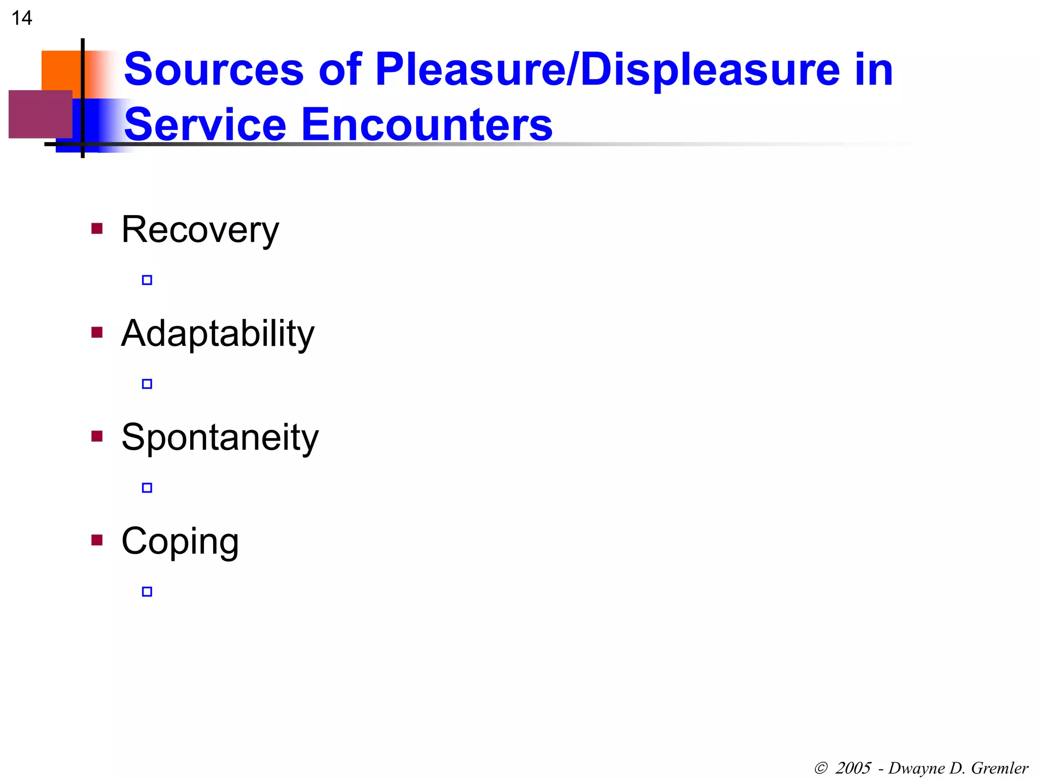 14 
Sources of Pleasure/Displeasure in 
Service Encounters 
 - Dwayne D. Gremler 
 Recovery 
 
 Adaptability 
 
 Spontaneity 
 
 Coping 
 
 