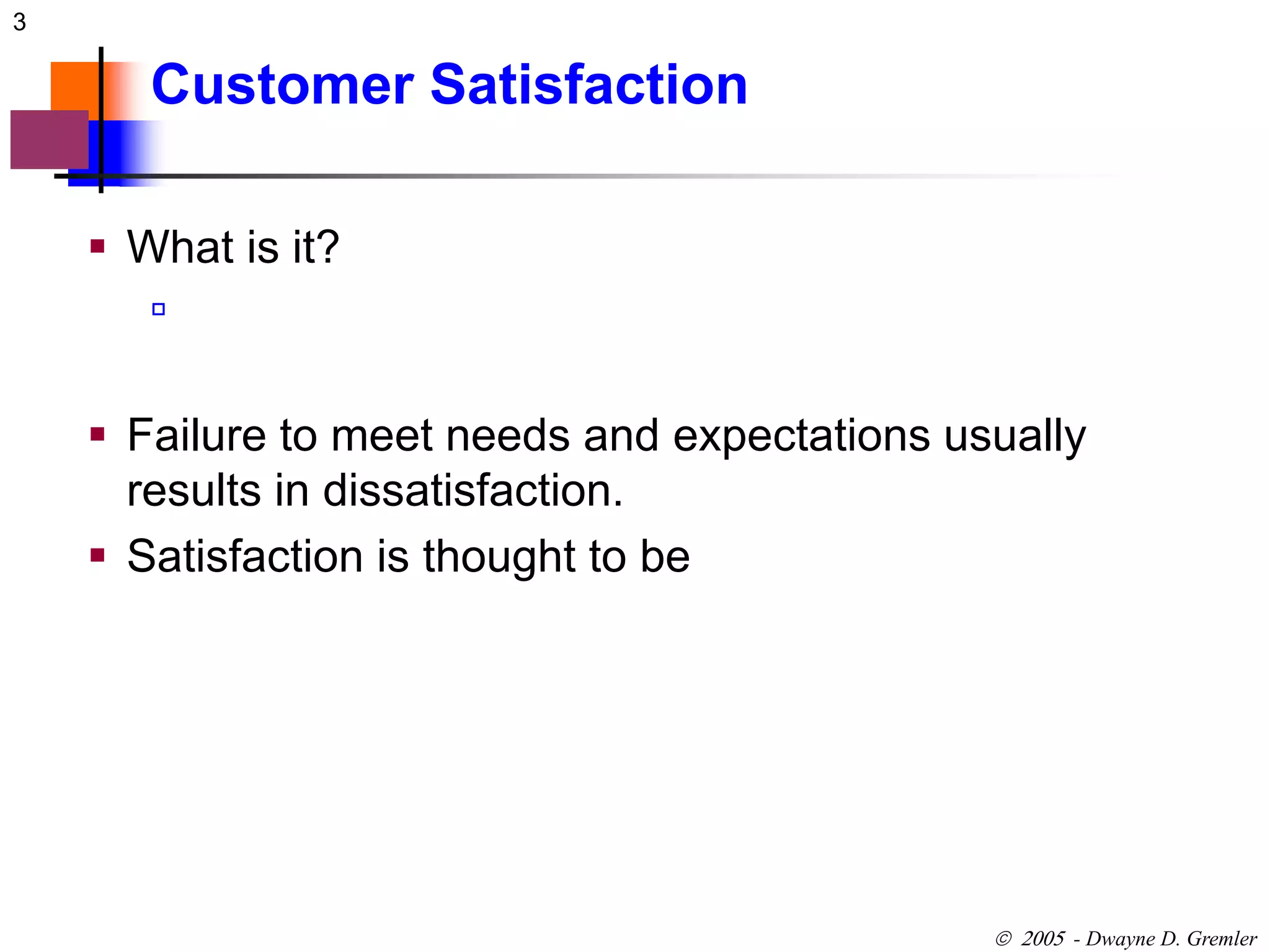 3 
 - Dwayne D. Gremler 
Customer Satisfaction 
 What is it? 
 
 Failure to meet needs and expectations usually 
results in dissatisfaction. 
 Satisfaction is thought to be 
 