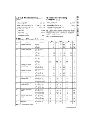 CD4049UBC • CD4050BC
 Absolute Maximum Ratings(Note 1)                                           Recommended Operating
 (Note 2)                                                                   Conditions (Note 2)
  Supply Voltage (VDD)                                 −0.5V to +18V         Supply Voltage (VDD)                                          3V to 15V
  Input Voltage (VIN)                                  −0.5V to +18V         Input Voltage (VIN)                                           0V to 15V
  Voltage at Any Output Pin (VOUT)              −0.5V to VDD + 0.5V          Voltage at Any Output Pin (VOUT)                                0 to VDD
  Storage Temperature Range (TS)                    −65°C to +150°C          Operating Temperature Range (TA)
  Power Dissipation (PD)                                                        CD4049UBC, CD4050BC                                −40°C to +85°C
      Dual-In-Line                                            700 mW        Note 1: “Absolute Maximum Ratings” are those values beyond which the
                                                                            safety of the device cannot be guaranteed; they are not meant to imply that
      Small Outline                                           500 mW        the devices should be operated at these limits. The table of “Recom-
  Lead Temperature (TL)                                                     mended Operating Conditions” and “Electrical Characteristics” provides
                                                                            conditions for actual device operation.
      (Soldering, 10 seconds)                                   260°C
                                                                            Note 2: VSS = 0V unless otherwise specified.


 DC Electrical Characteristics (Note 3)
                                                                                       −40°C                  +25°C                 +85°C
 Symbol                 Parameter                          Conditions                                                                              Units
                                                                                    Min      Max      Min      Typ      Max      Min      Max
IDD         Quiescent Device Current            VDD = 5V                                       4               0.03      4.0               30       µA
                                                VDD = 10V                                      8               0.05      8.0               60       µA
                                                VDD = 15V                                     16               0.07     16.0              120       µA
VOL         LOW Level Output Voltage            VIH = VDD, VIL = 0V,
                                                |IO| < 1 µA
                                                VDD = 5V                                     0.05                0      0.05              0.05       V
                                                VDD = 10V                                    0.05                0      0.05              0.05       V
                                                VDD = 15V                                    0.05                0      0.05              0.05       V
VOH         HIGH Level Output Voltage           VIH = VDD, VIL = 0V,
                                                |IO| < 1 µA
                                                VDD = 5V                            4.95              4.95       5               4.95                V
                                                VDD = 10V                           9.95              9.95      10               9.95                V
                                                VDD = 15V                          14.95             14.95      15              14.95                V
VIL         LOW Level Input Voltage             |IO| < 1 µA
            (CD4050BC Only)                     VDD = 5V, VO = 0.5V                          1.5               2.25      1.5               1.5       V
                                                VDD = 10V, VO = 1V                           3.0               4.5       3.0               3.0       V
                                                VDD = 15V, VO = 1.5V                         4.0               6.75      4.0               4.0       V
VIL         LOW Level Input Voltage             |IO| < 1 µA
            (CD4049UBC Only)                    VDD = 5V, VO = 4.5V                          1.0               1.5       1.0               1.0       V
                                                VDD = 10V, VO = 9V                           2.0               2.5       2.0               2.0       V
                                                VDD = 15V, VO = 13.5V                        3.0               3.5       3.0               3.0       V
VIH         HIGH Level Input Voltage            |IO| < 1 µA
            (CD4050BC Only)                     VDD = 5V, VO = 4.5V                 3.5               3.5      2.75               3.5                V
                                                VDD = 10V, VO = 9V                  7.0               7.0      5.5                7.0                V
                                                VDD = 15V, VO = 13.5V               11.0              11.0     8.25              11.0                V
VIH         HIGH Level Input Voltage            |IO| < 1 µA
            (CD4049UBC Only)                    VDD = 5V, VO = 0.5V                 4.0               4.0      3.5                4.0                V
                                                VDD = 10V, VO = 1V                  8.0               8.0      7.5                8.0                V
                                                VDD = 15V, VO = 1.5V                12.0              12.0     11.5              12.0                V
IOL         LOW Level Output Current            VIH = VDD, VIL = 0V
            (Note 4)                            VDD = 5V, VO = 0.4V                 4.6               4.0        5                3.2               mA
                                                VDD = 10V, VO = 0.5V                9.8               8.5       12                6.8               mA
                                                VDD = 15V, VO = 1.5V                 29                25       40                20                mA
IOH         HIGH Level Output Current           VIH = VDD, VIL = 0V
            (Note 4)                            VDD = 5V, VO = 4.6V                 −1.0              −0.9     −1.6             −0.72               mA
                                                VDD = 10V, VO = 9.5V                −2.1              −1.9     −3.6              −1.5               mA
                                                VDD = 15V, VO = 13.5V               −7.1              −6.2     −12                −5                mA
IIN         Input Current                       VDD = 15V, VIN = 0V                 −0.3              −0.3    −10−5                       −1.0      µA
                                                VDD = 15V, VIN = 15V                0.3               0.3      10−5                        1.0      µA
 Note 3: VSS = 0V unless otherwise specified.


                                                                        3                                                      www.fairchildsemi.com
 